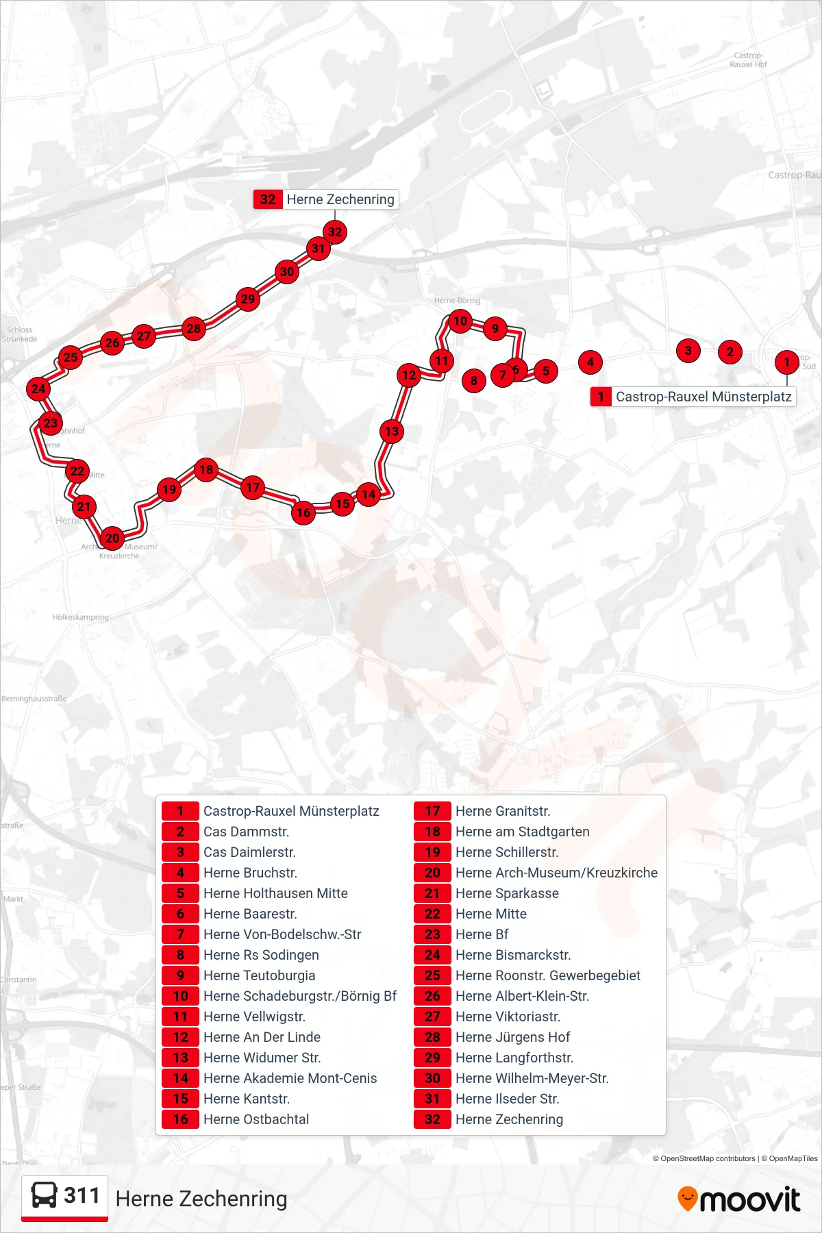 311 bus Line (Herne Zechenring) route and stops on a map