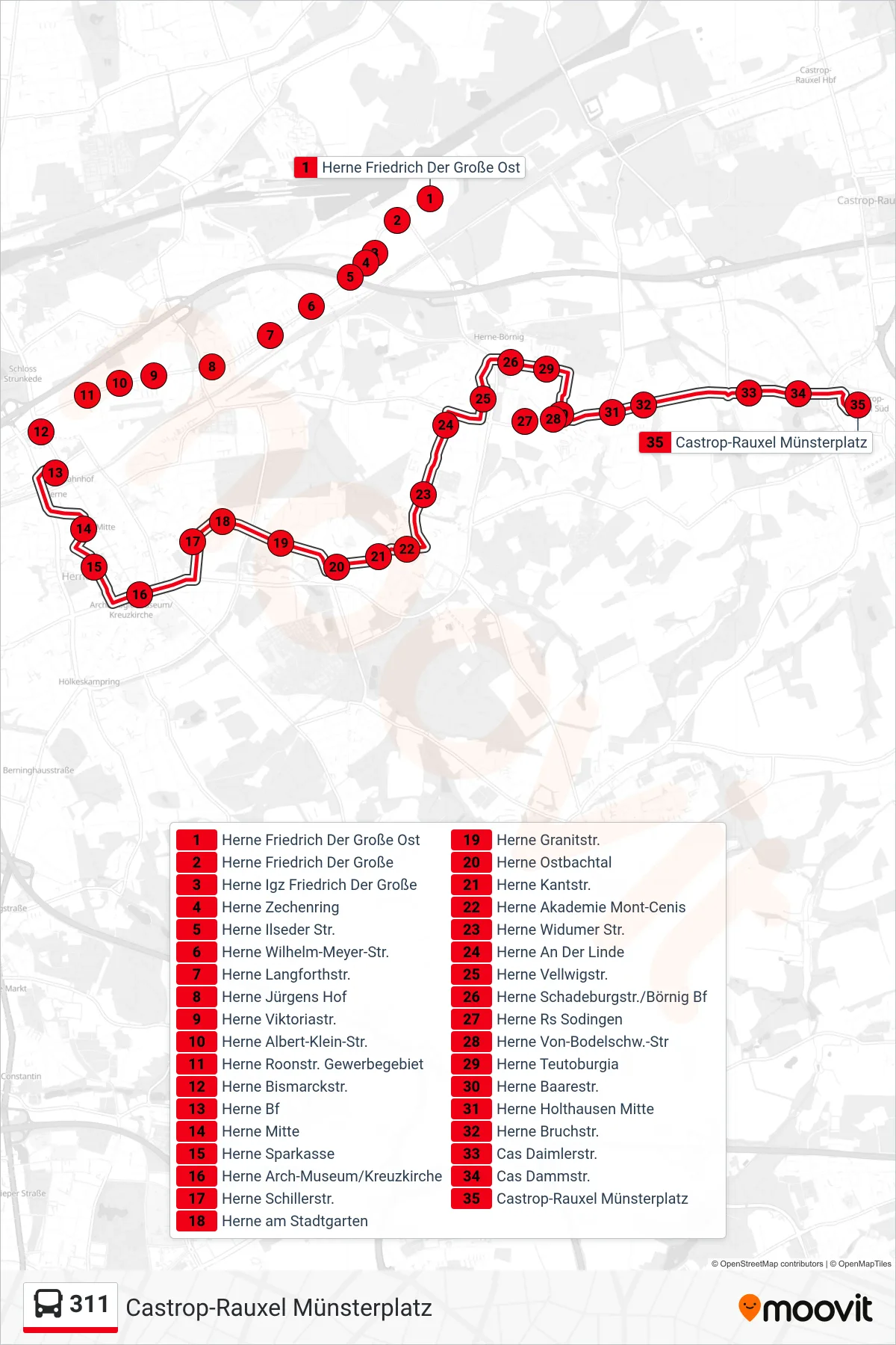 Linie 311 (Bus) Richtung Castrop-Rauxel Münsterplatz: Route und Haltestellen auf der Karte
