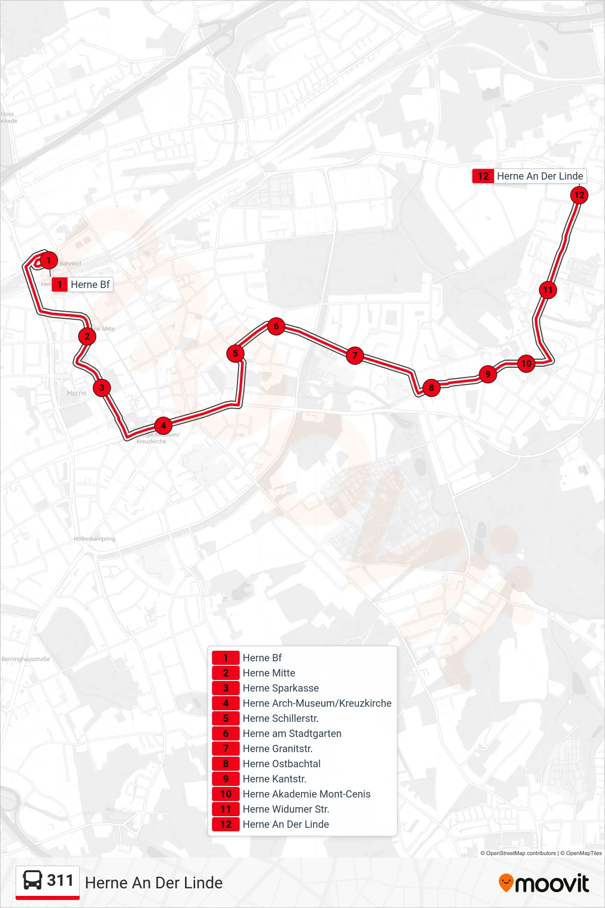 311 bus Line (Herne An Der Linde) route and stops on a map