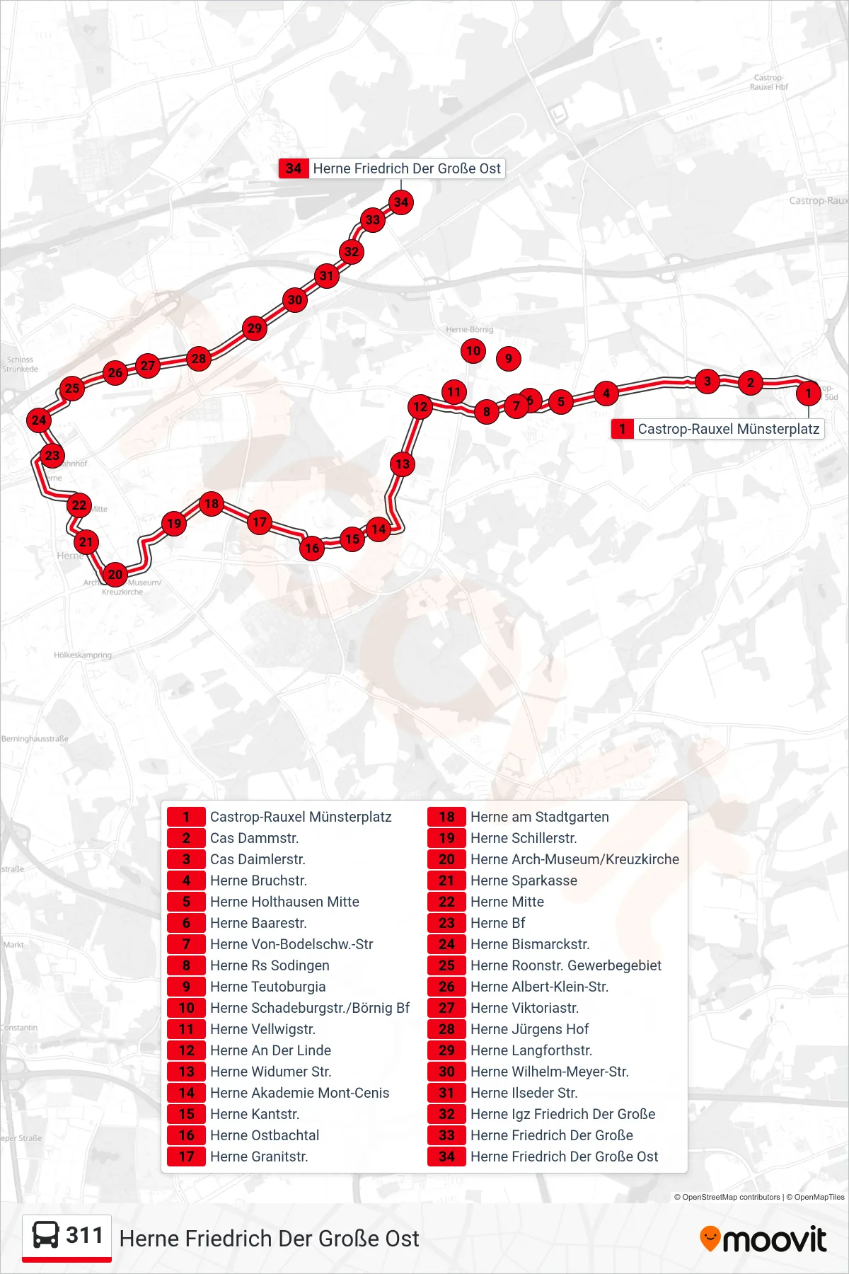 Linie 311 (Bus) Richtung Herne Friedrich Der Große Ost: Route und Haltestellen auf der Karte