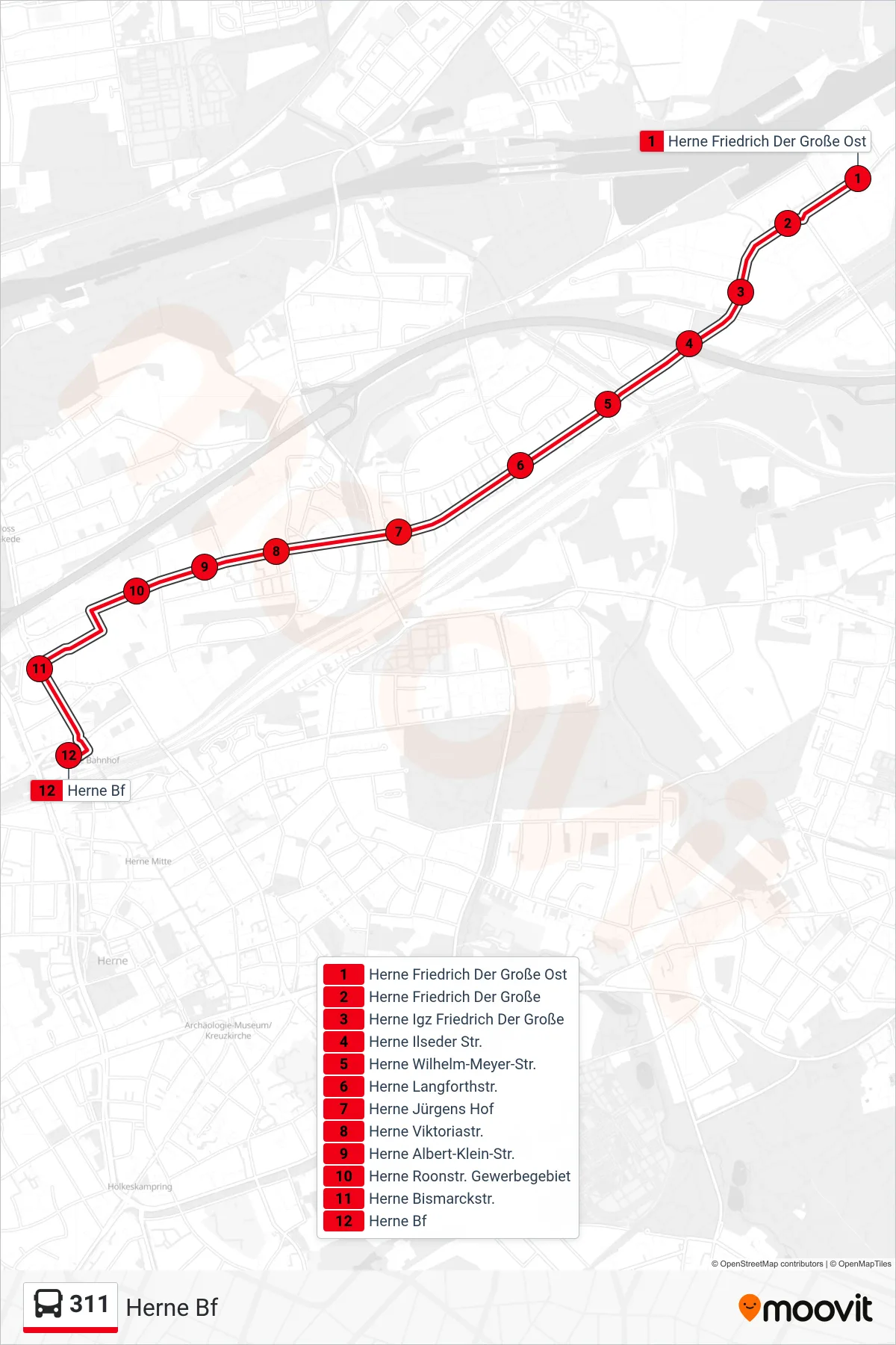 311 bus Line (Herne Bf) route and stops on a map