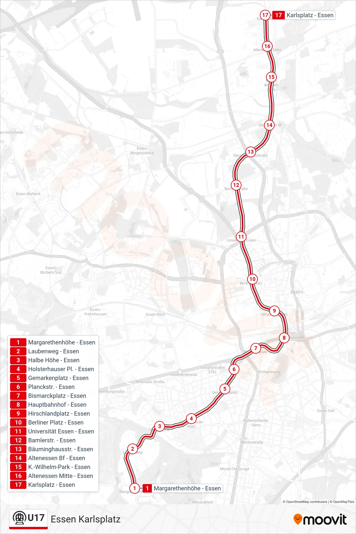 Linie U17 (U-Bahn) Richtung Essen Karlsplatz: Route und Haltestellen auf der Karte