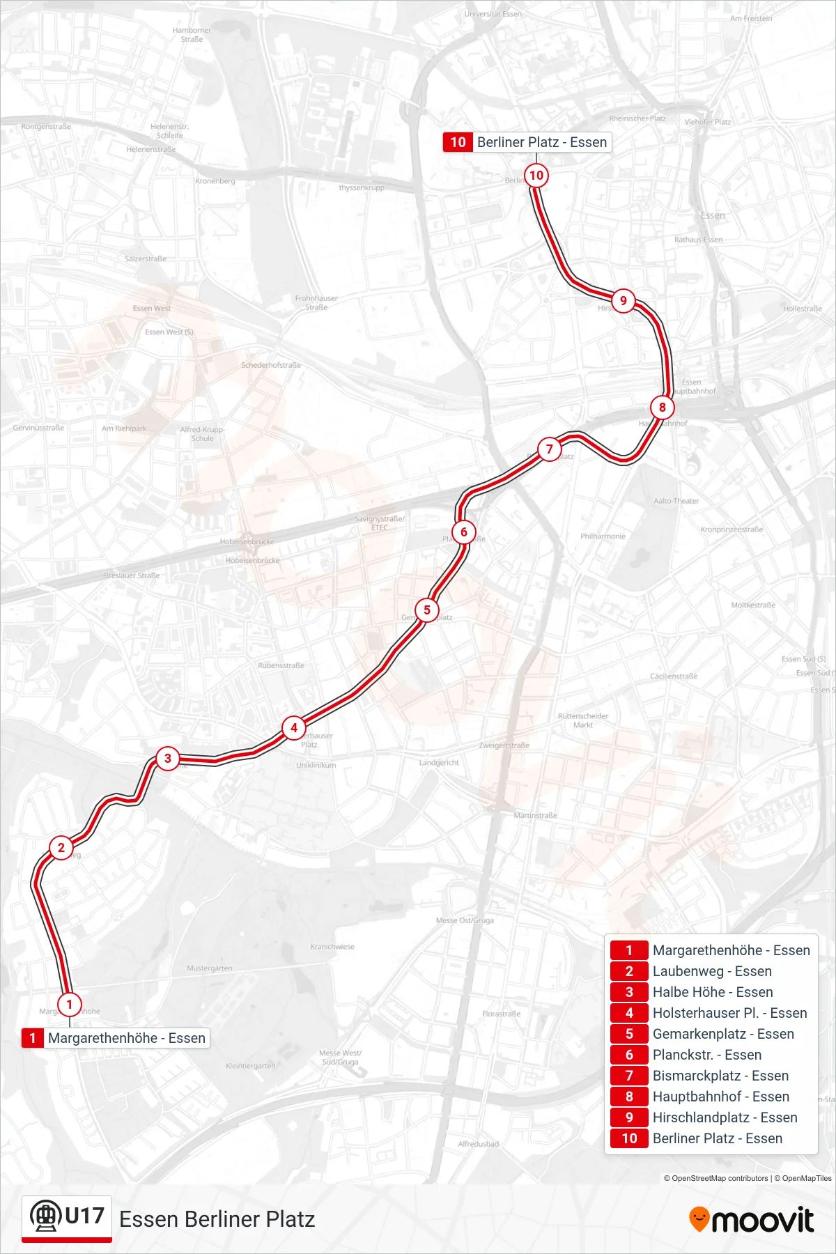 Linie U17 (U-Bahn) Richtung Essen Berliner Platz: Route und Haltestellen auf der Karte