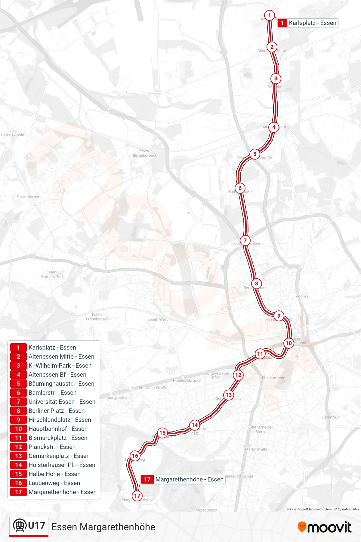 Linie U17 (U-Bahn) Richtung Essen Margarethenhöhe: Route und Haltestellen auf der Karte