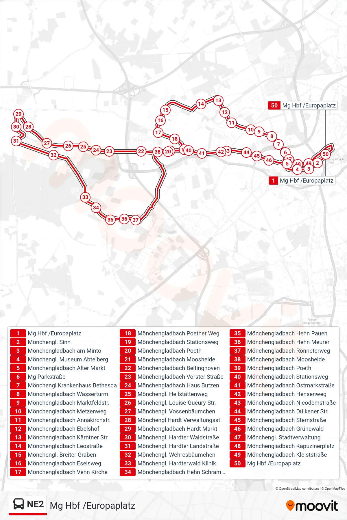 Linie NE2 (Bus) Richtung Mg Hbf /Europaplatz: Route und Haltestellen auf der Karte