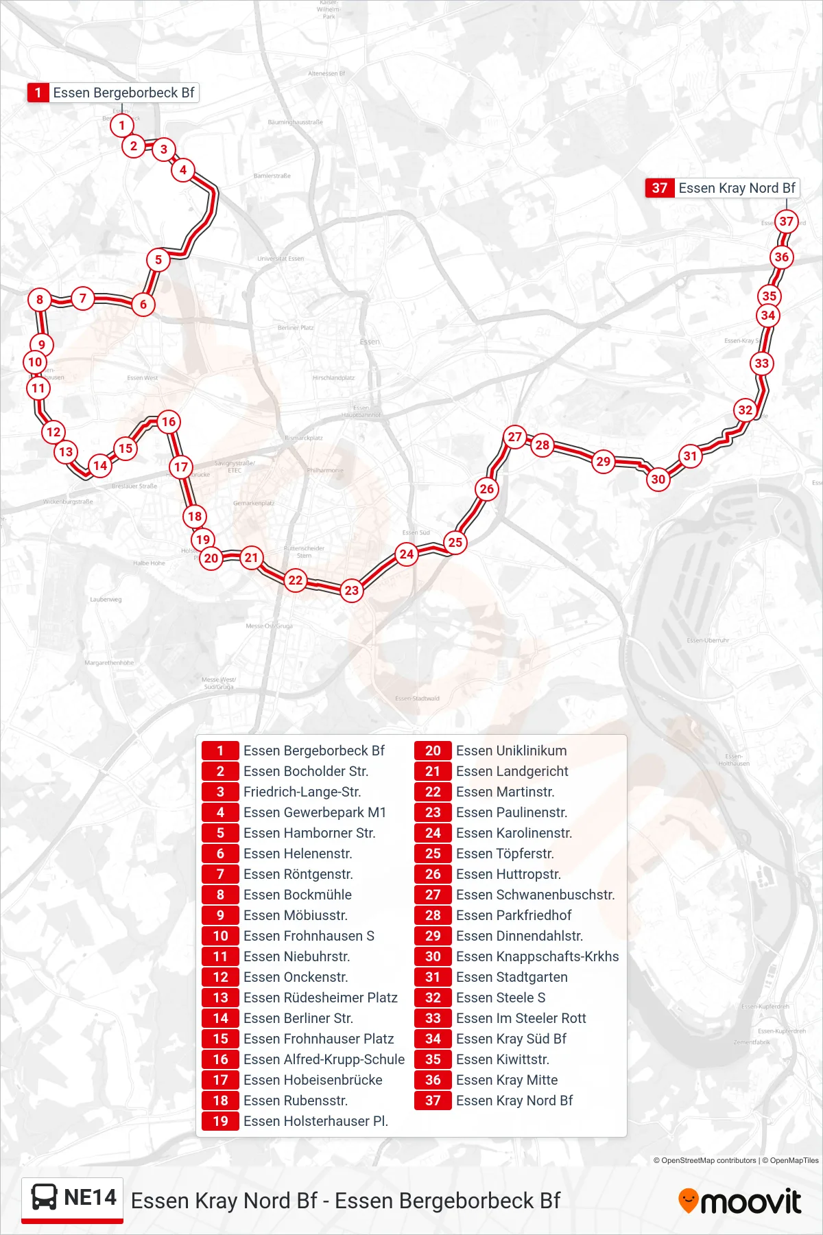 Linie NE14 (Bus) Richtung Essen Kray Nord Bf: Route und Haltestellen auf der Karte
