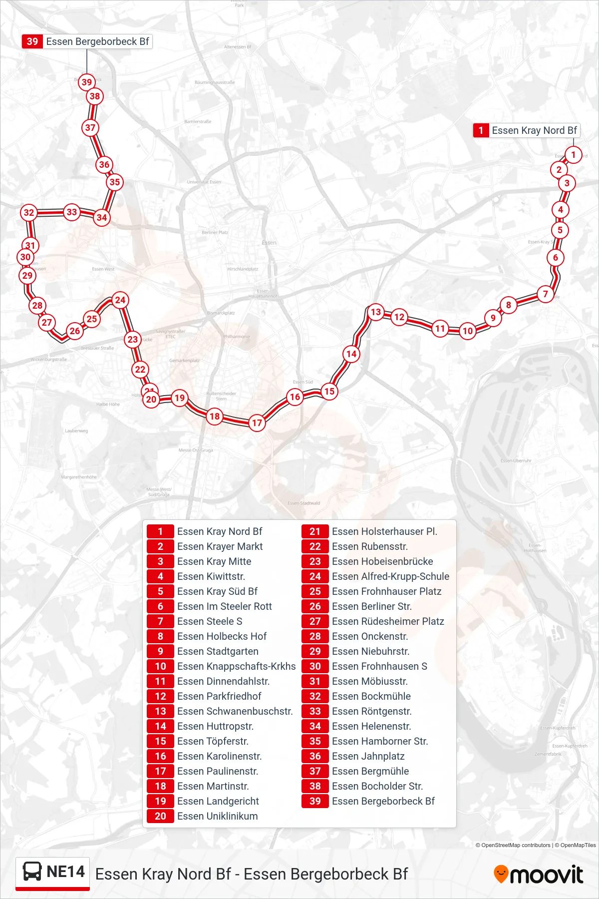 Linie NE14 (Bus) Richtung Essen Bergeborbeck Bf: Route und Haltestellen auf der Karte
