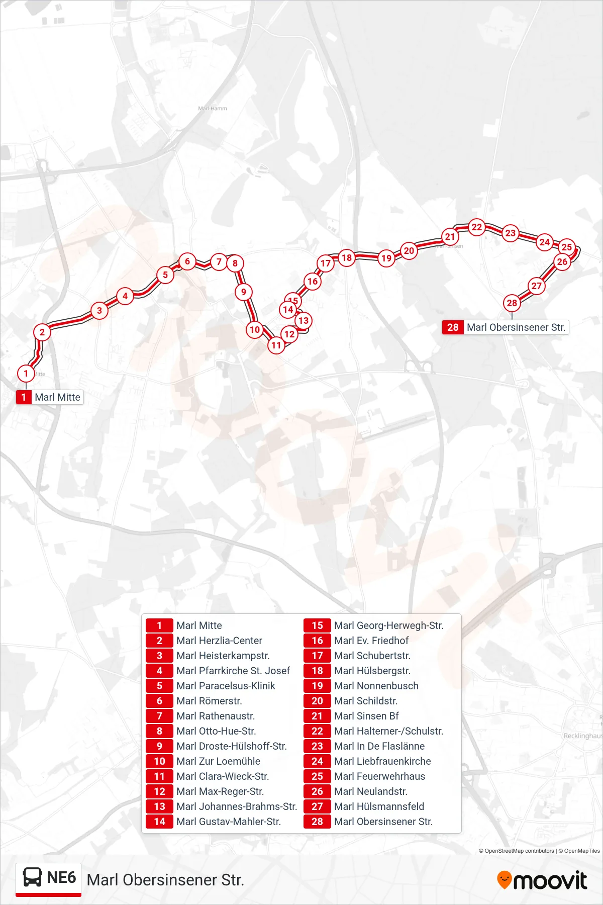 NE6 bus Line (Marl Obersinsener Str.) route and stops on a map