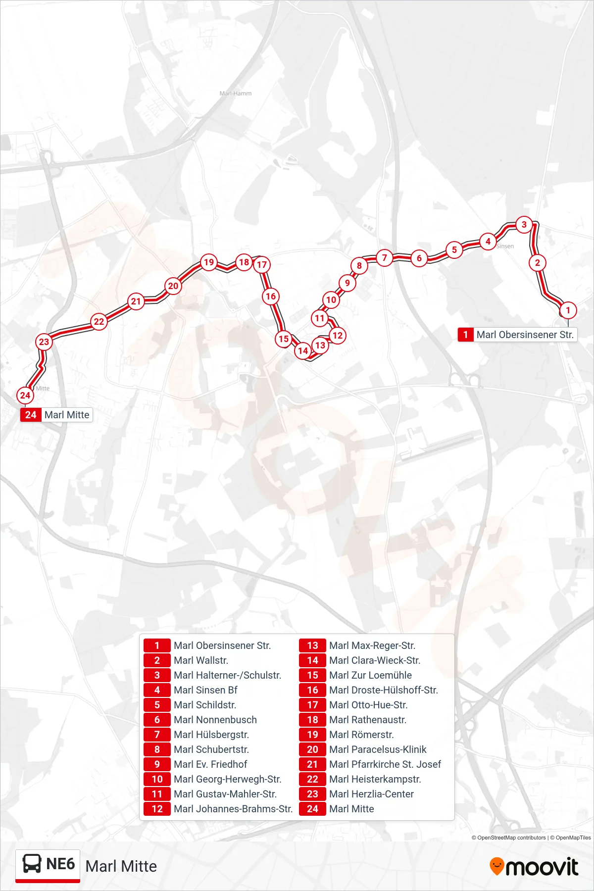Linie NE6 (Bus) Richtung Marl Mitte: Route und Haltestellen auf der Karte