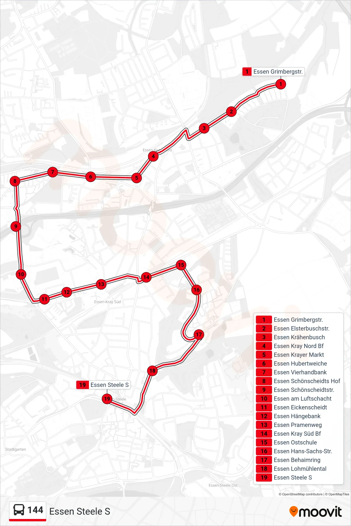 Linie 144 (Bus) Richtung Essen Steele S: Route und Haltestellen auf der Karte
