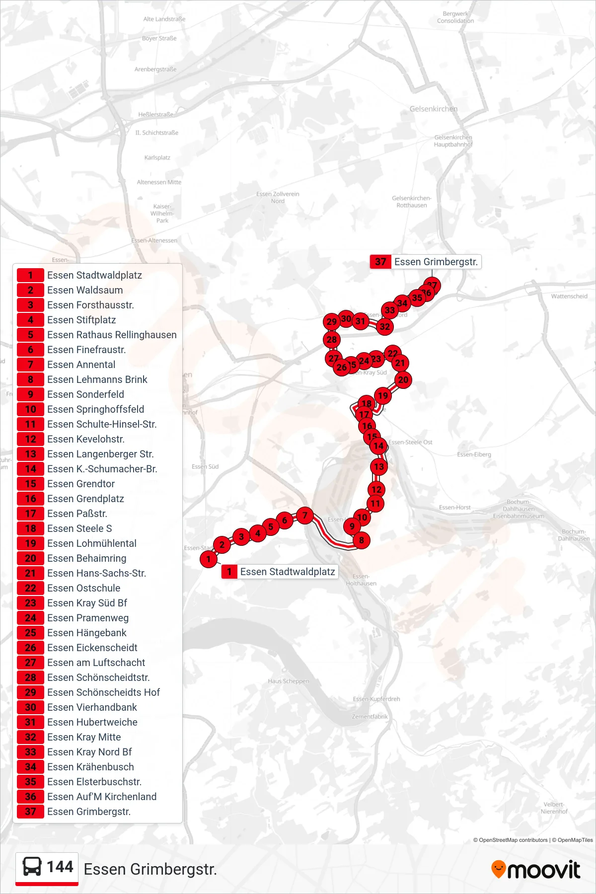 Linie 144 (Bus) Richtung Essen Grimbergstr.: Route und Haltestellen auf der Karte