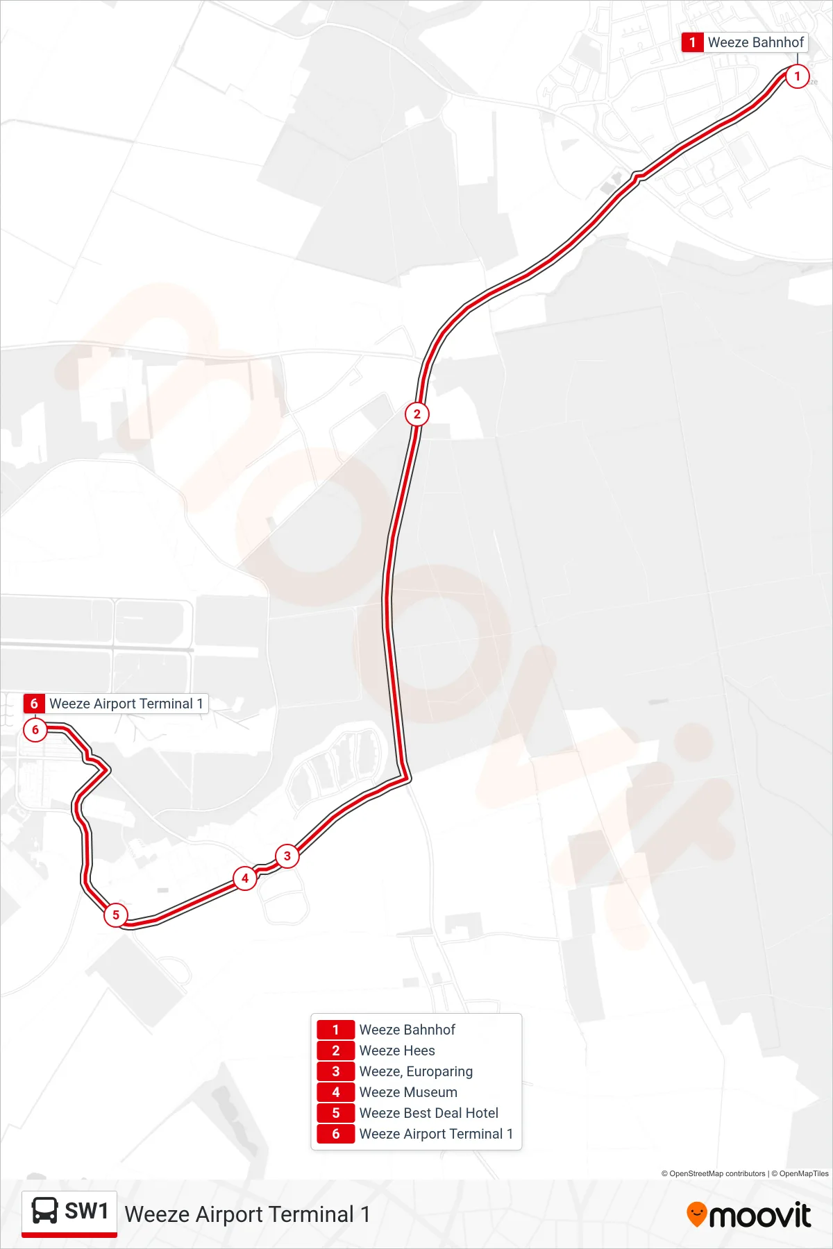 Linie SW1 (Bus) Richtung Weeze Airport Terminal 1: Route und Haltestellen auf der Karte