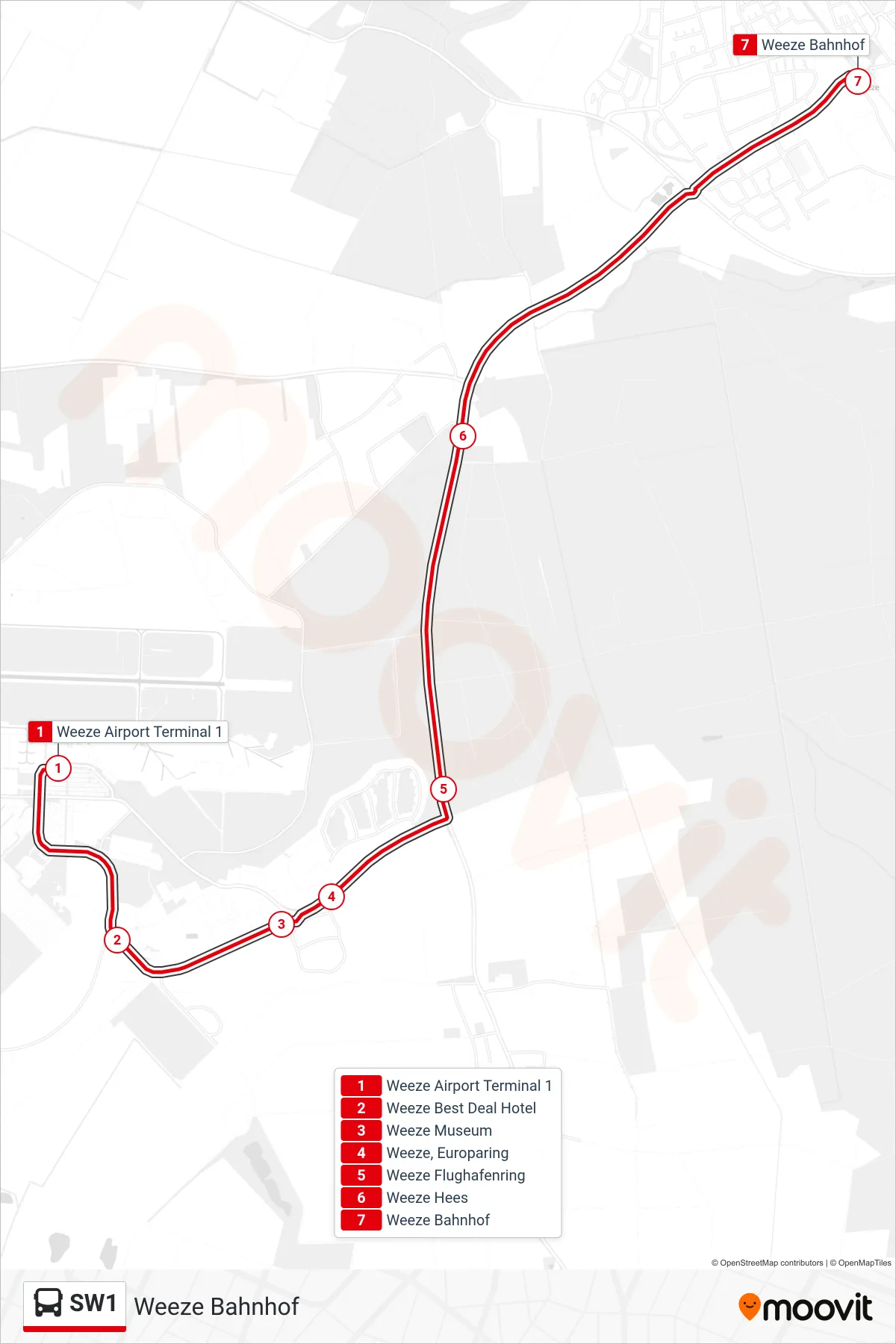 Linie SW1 (Bus) Richtung Weeze Bahnhof: Route und Haltestellen auf der Karte