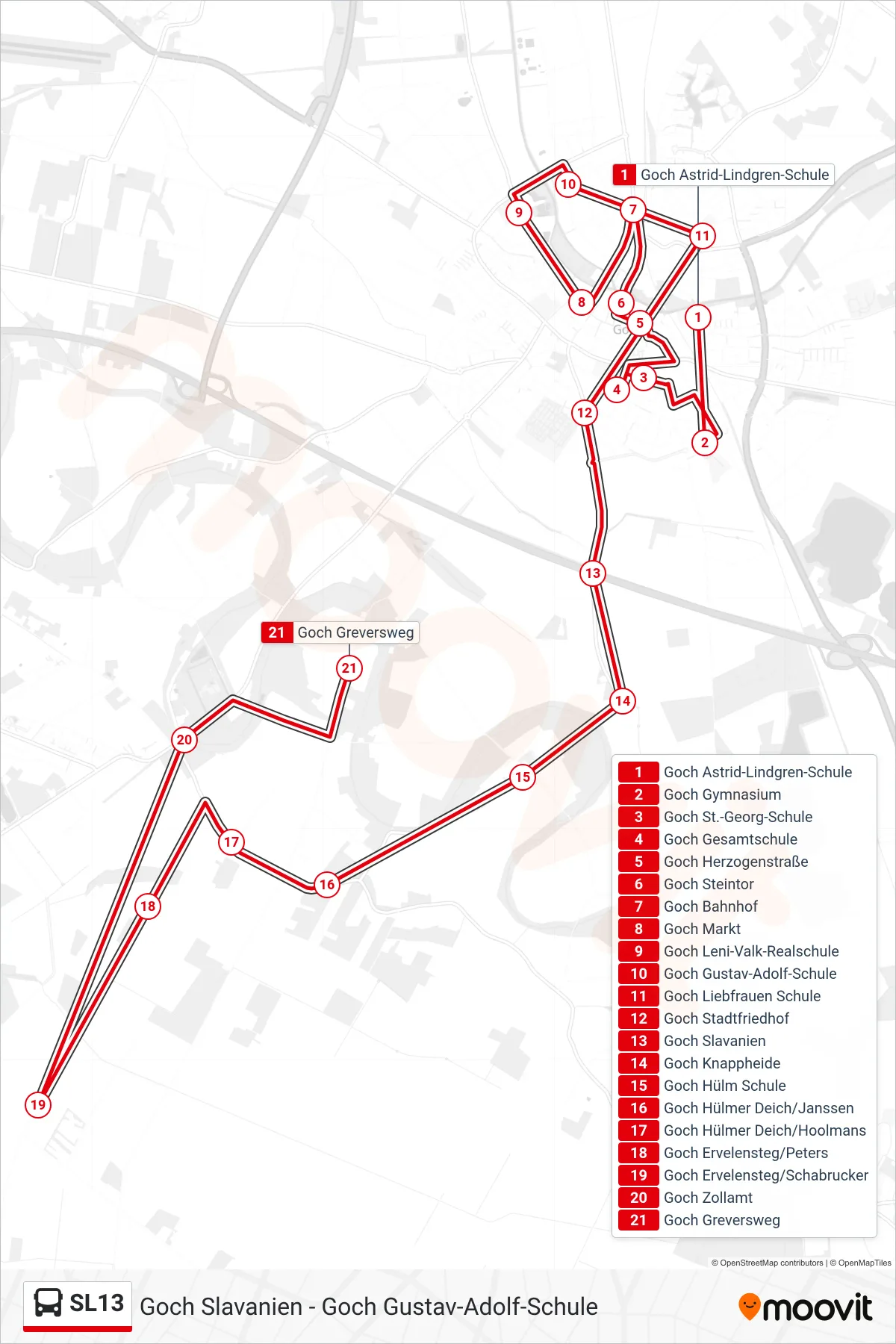 Linie SL13 (Bus) Richtung Goch Greversweg: Route und Haltestellen auf der Karte