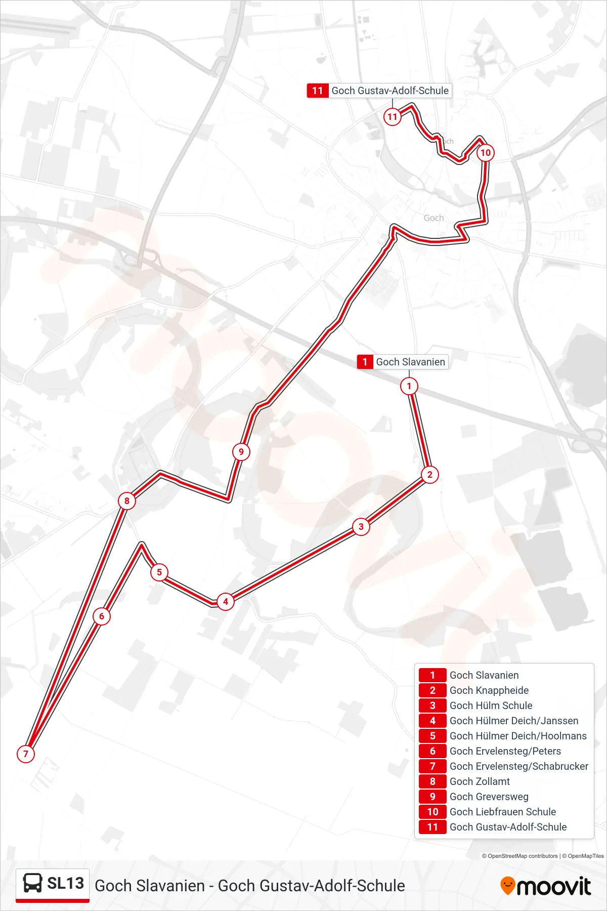 SL13 bus Line (Goch Gustav-Adolf-Schule) route and stops on a map