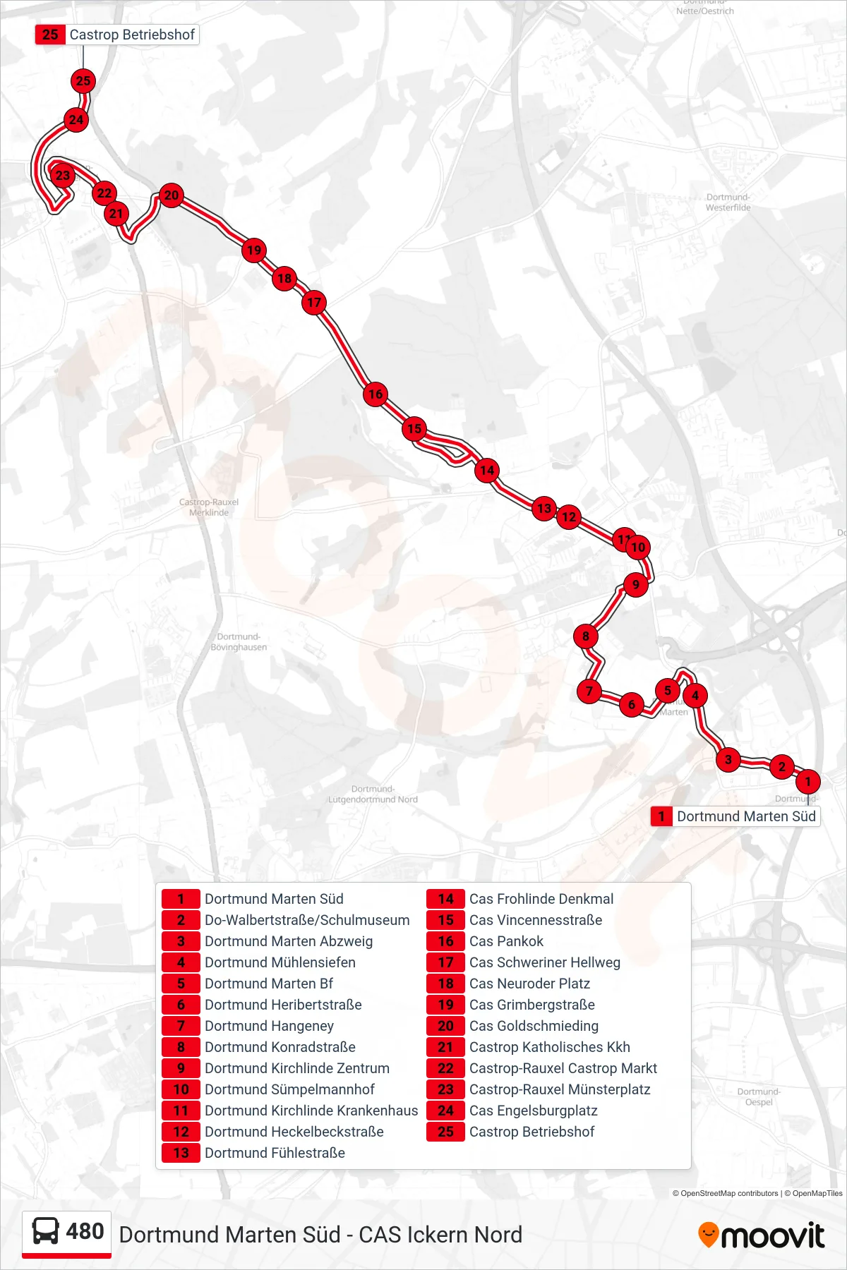 480 bus Line (Castrop Betriebshof) route and stops on a map
