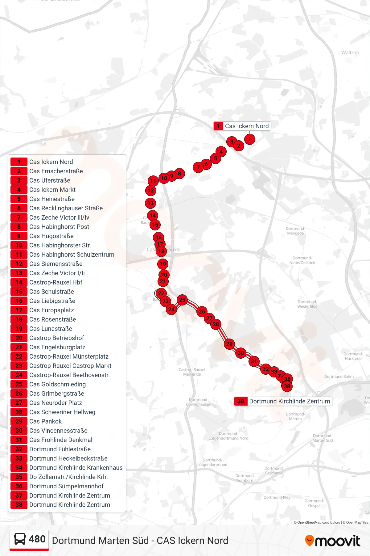 Linie 480 (Bus) Richtung Dortmund Kirchlinde Zentrum: Route und Haltestellen auf der Karte