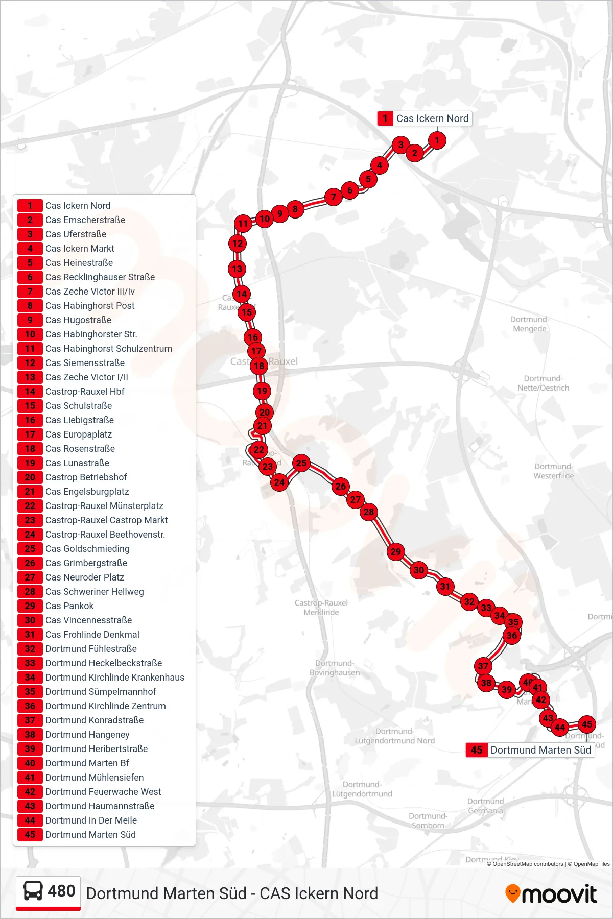 Linie 480 (Bus) Richtung Dortmund Marten Süd: Route und Haltestellen auf der Karte