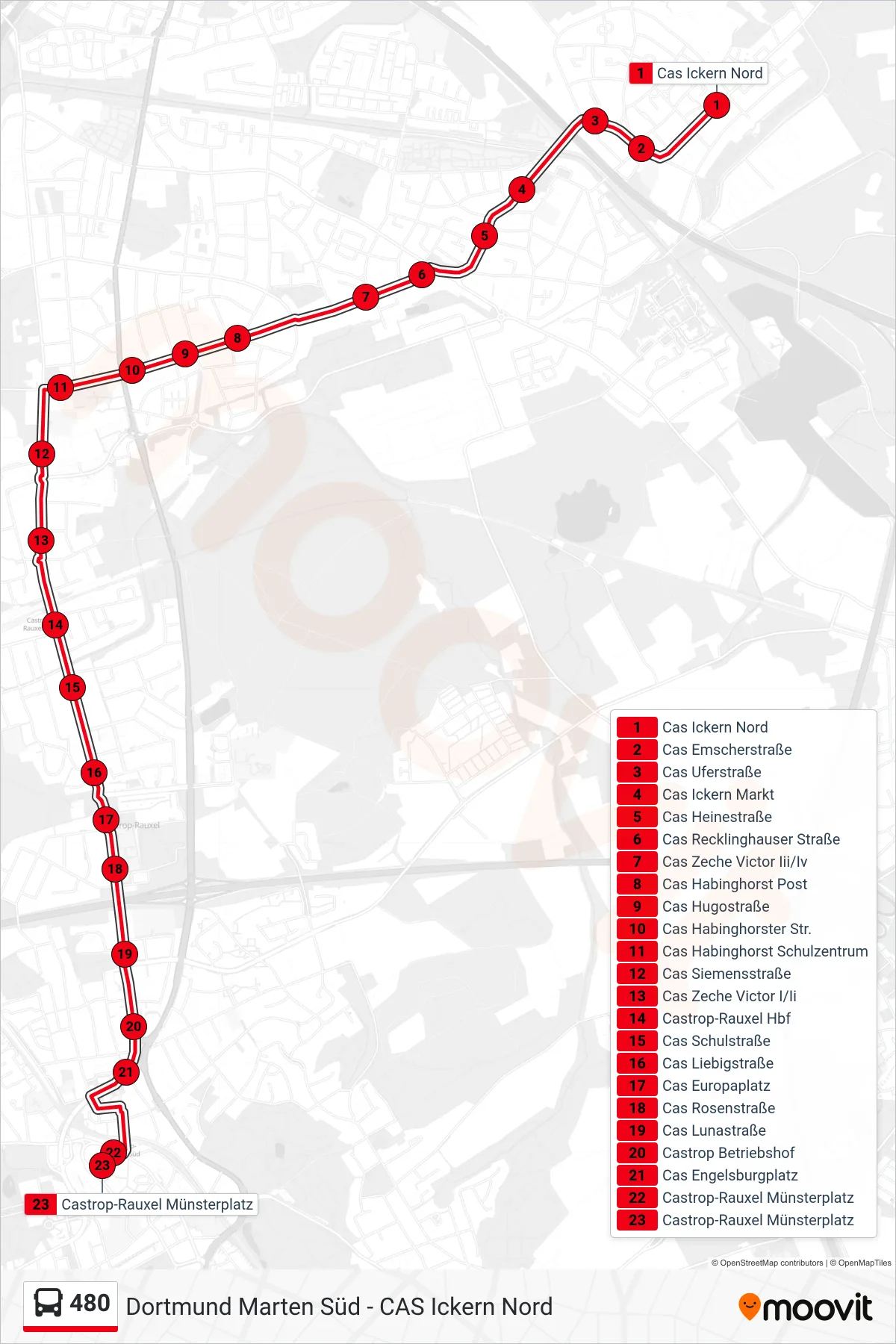 Linie 480 (Bus) Richtung Castrop-Rauxel Münsterplatz: Route und Haltestellen auf der Karte