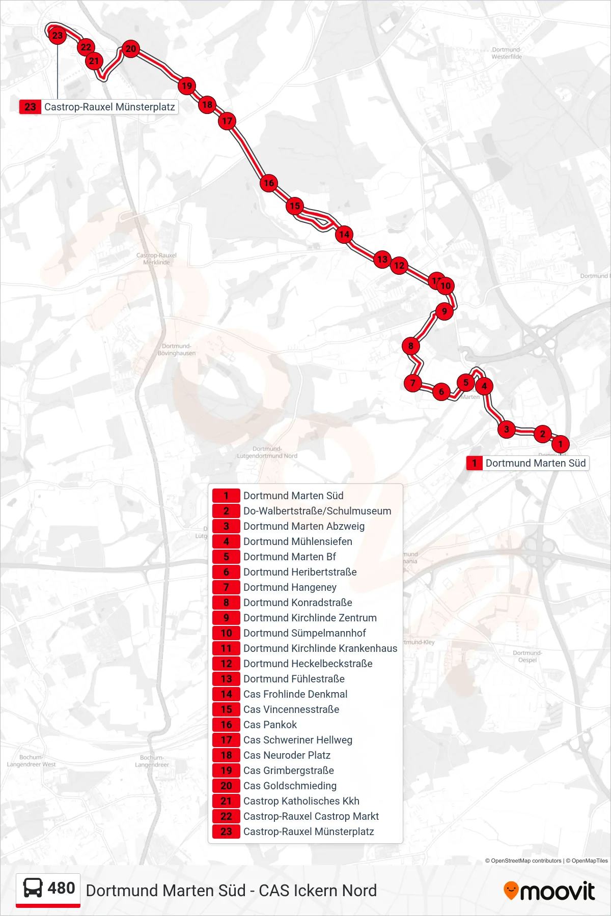 Linie 480 (Bus) Richtung Castrop-Rauxel Münsterplatz: Route und Haltestellen auf der Karte
