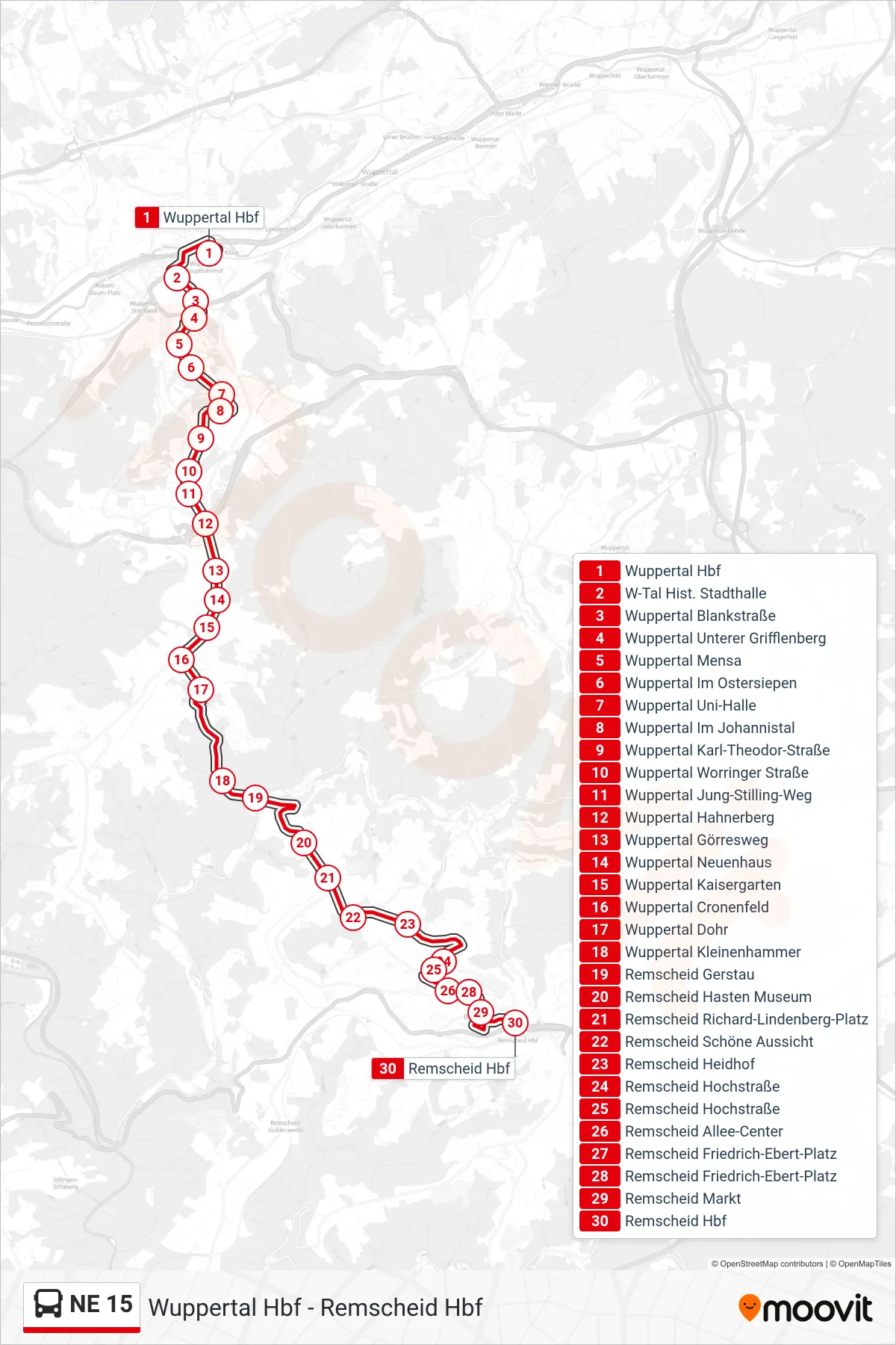 Linie NE 15 (Bus) Richtung Remscheid Hbf: Route und Haltestellen auf der Karte