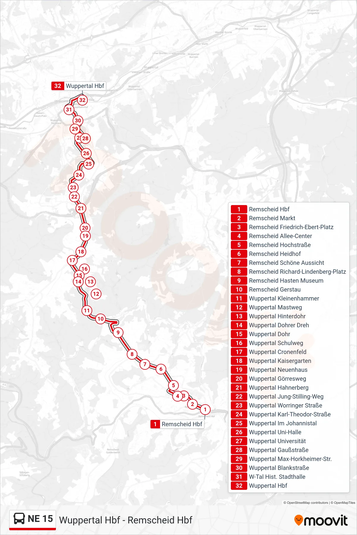 Linie NE 15 (Bus) Richtung Wuppertal Hbf: Route und Haltestellen auf der Karte