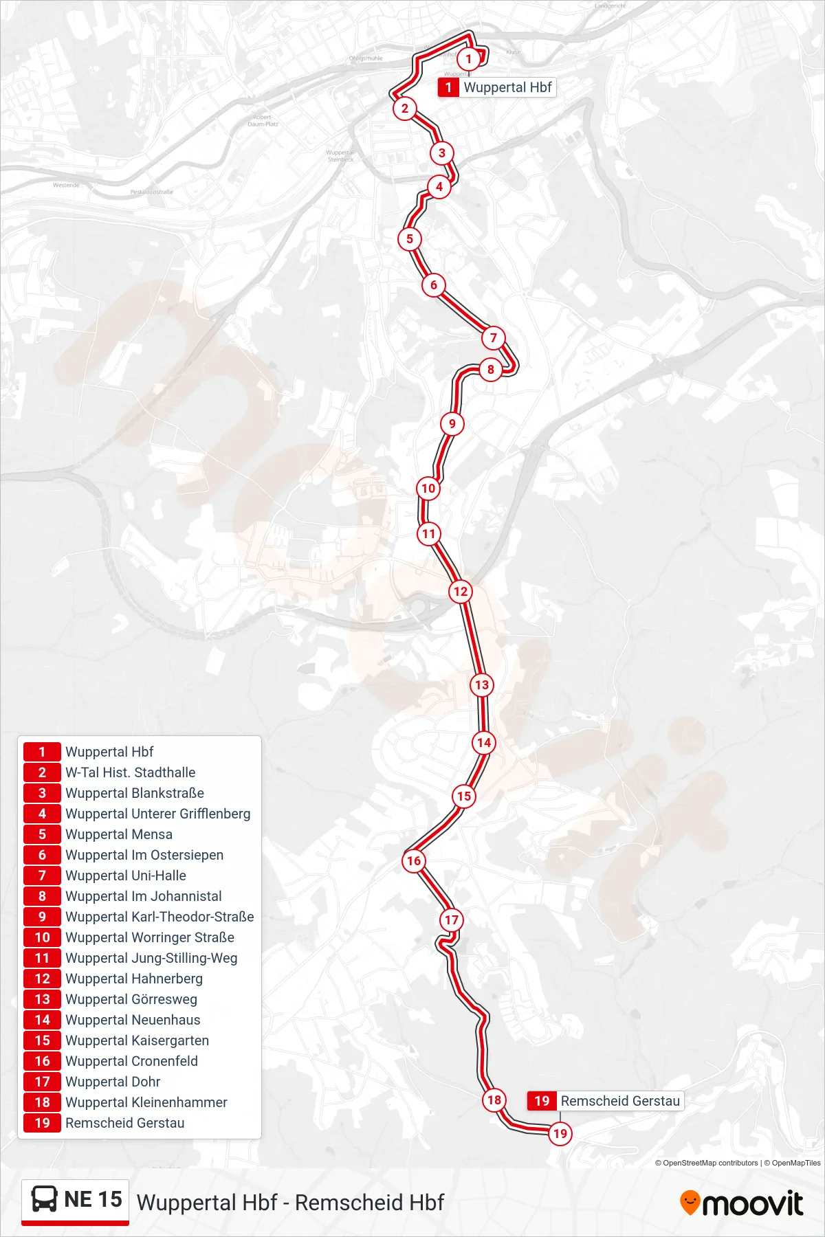 NE 15 bus Line (Remscheid Gerstau) route and stops on a map