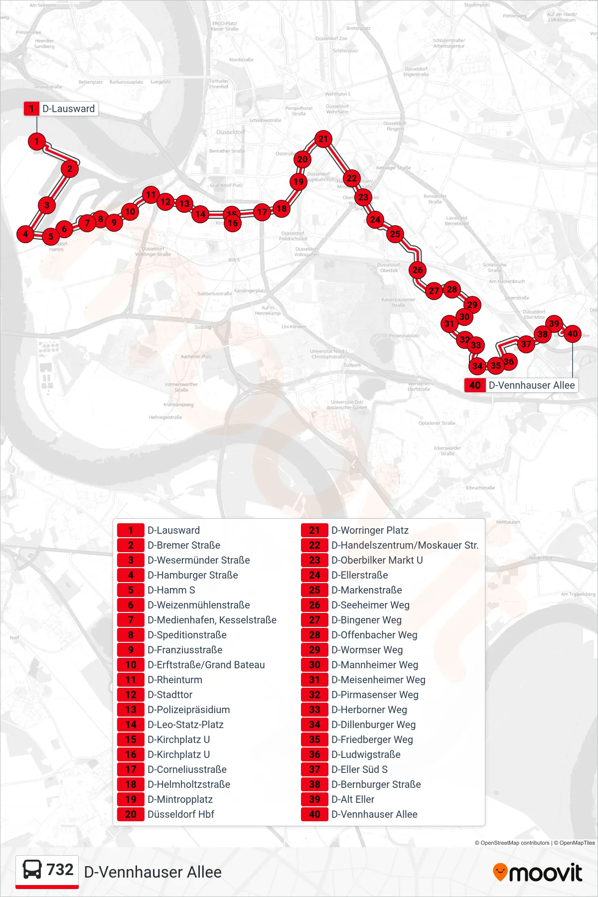 Linie 732 (Bus) Richtung D-Vennhauser Allee: Route und Haltestellen auf der Karte