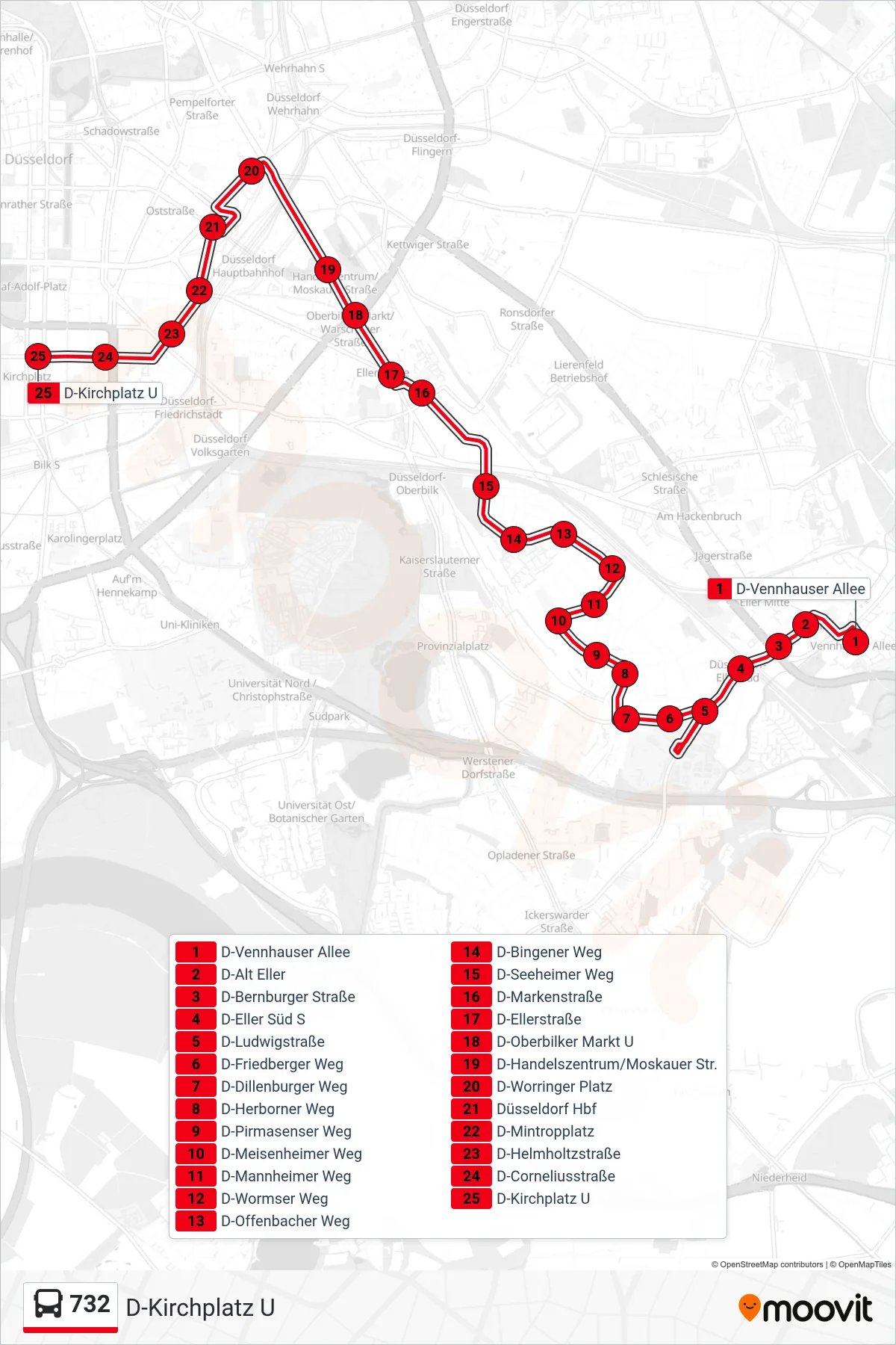 Linie 732 (Bus) Richtung D-Kirchplatz U: Route und Haltestellen auf der Karte