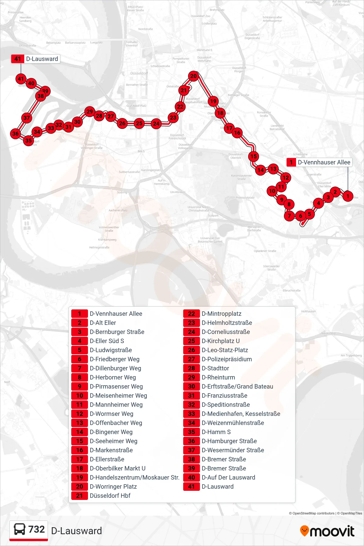 Linie 732 (Bus) Richtung D-Lausward: Route und Haltestellen auf der Karte
