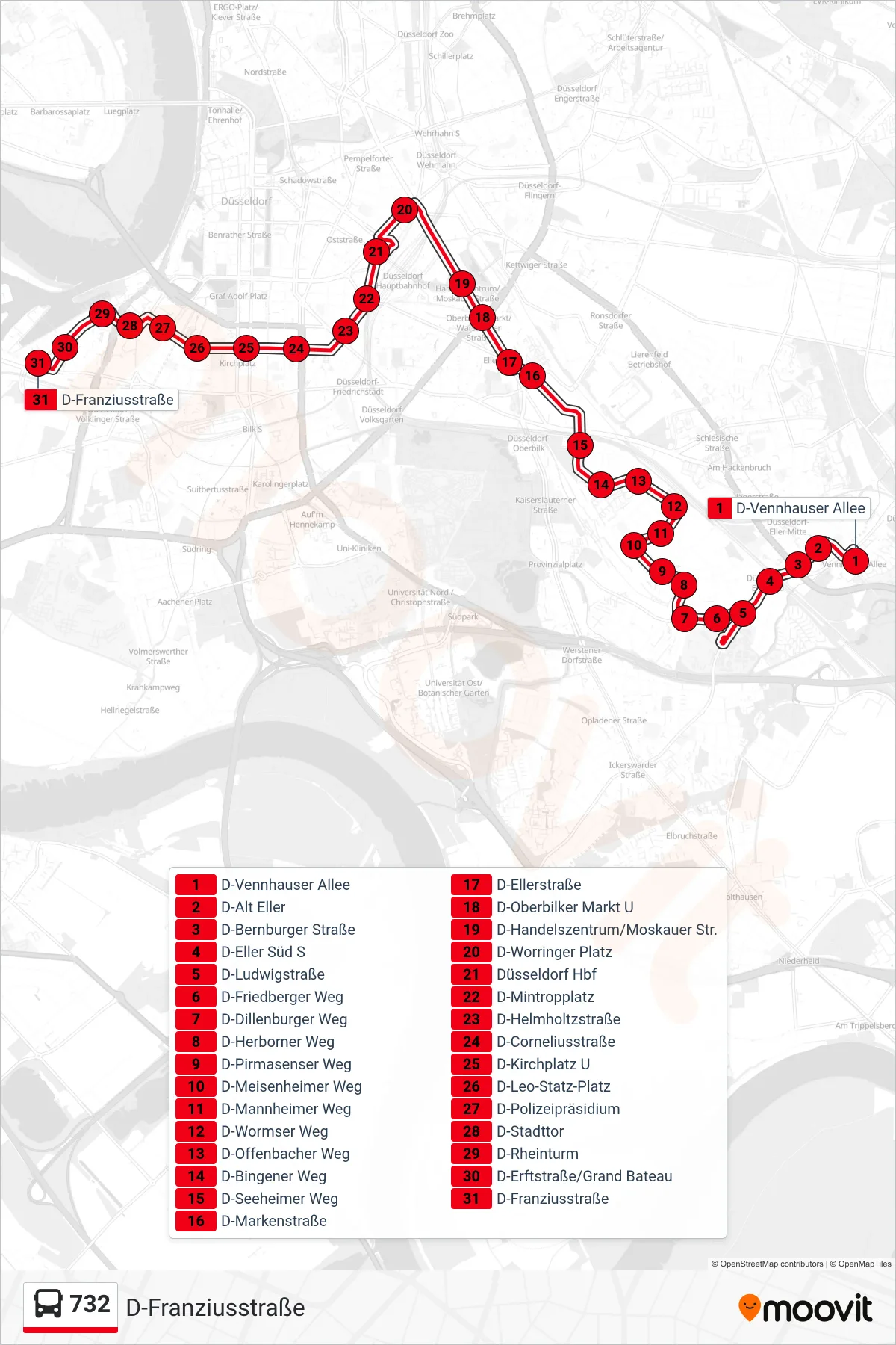 732 bus Line (D-Franziusstraße) route and stops on a map