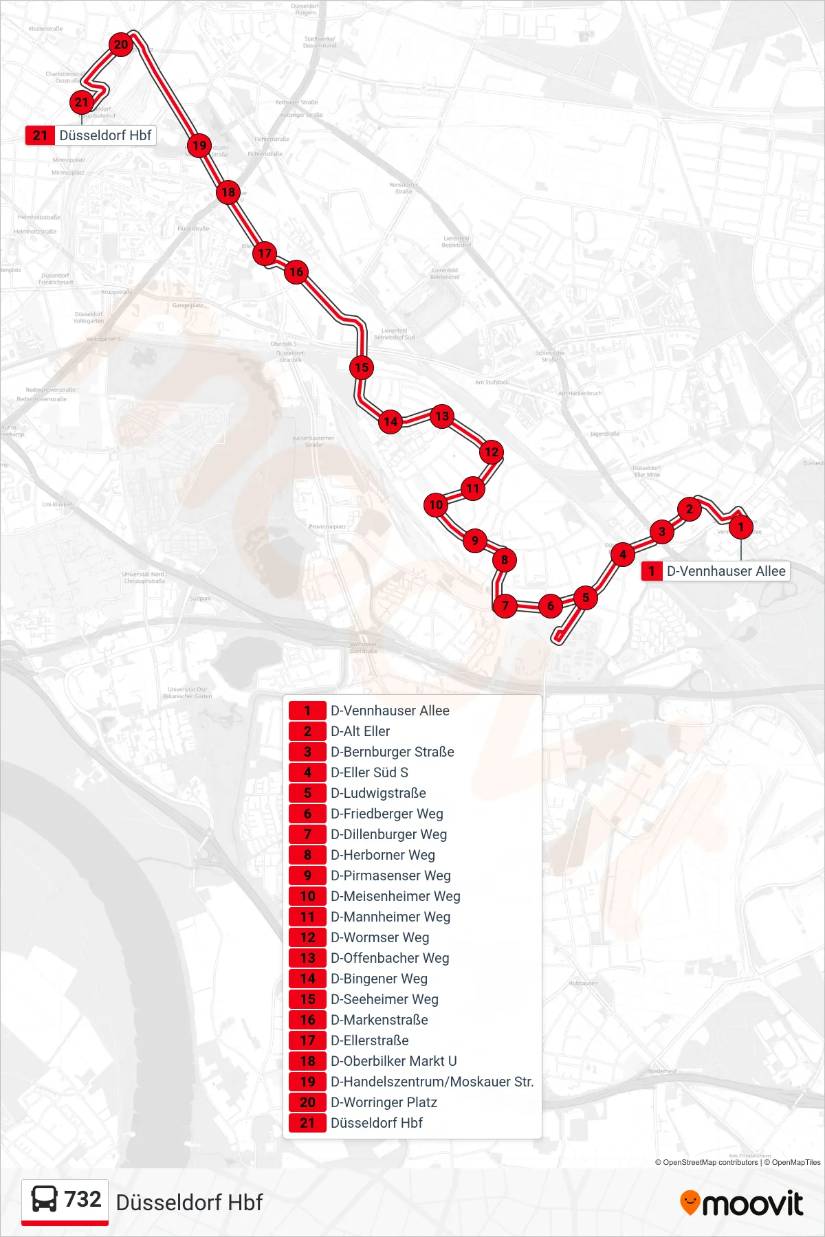732 bus Line (Düsseldorf Hbf) route and stops on a map