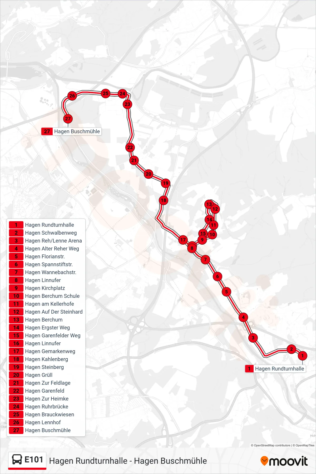 Linie E101 (Bus) Richtung Hagen Buschmühle: Route und Haltestellen auf der Karte