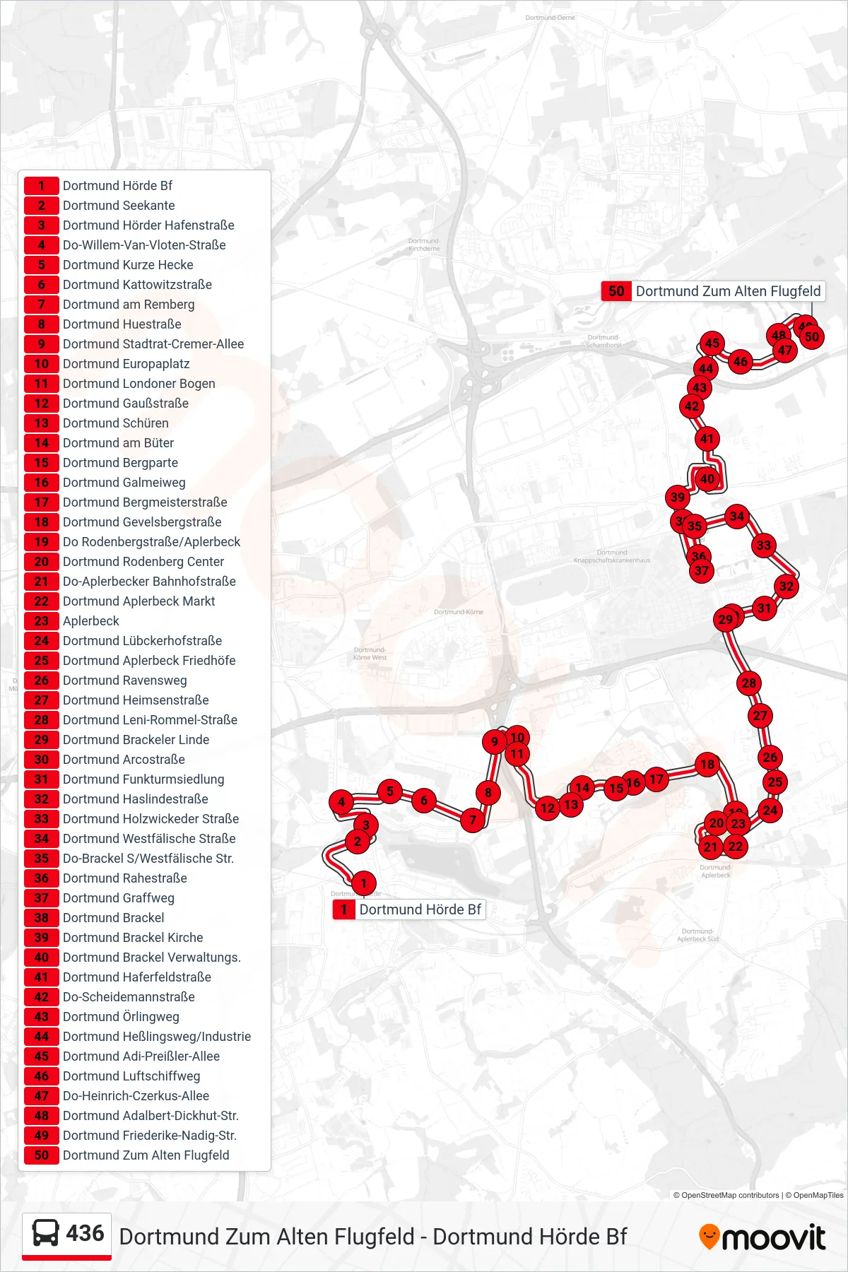 Linie 436 (Bus) Richtung Dortmund Zum Alten Flugfeld: Route und Haltestellen auf der Karte