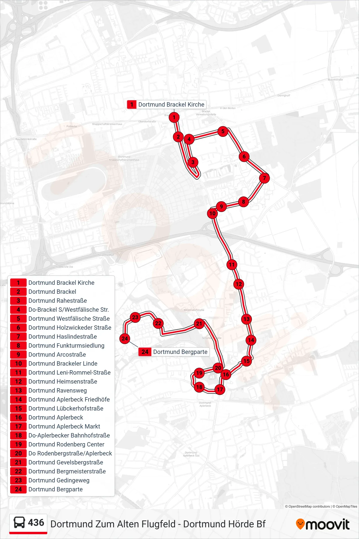 436 bus Line (Dortmund Bergparte) route and stops on a map