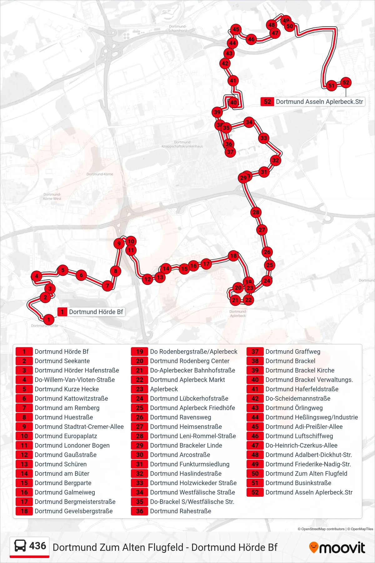 436 bus Line (Dortmund Asseln Aplerbeck.Str) route and stops on a map