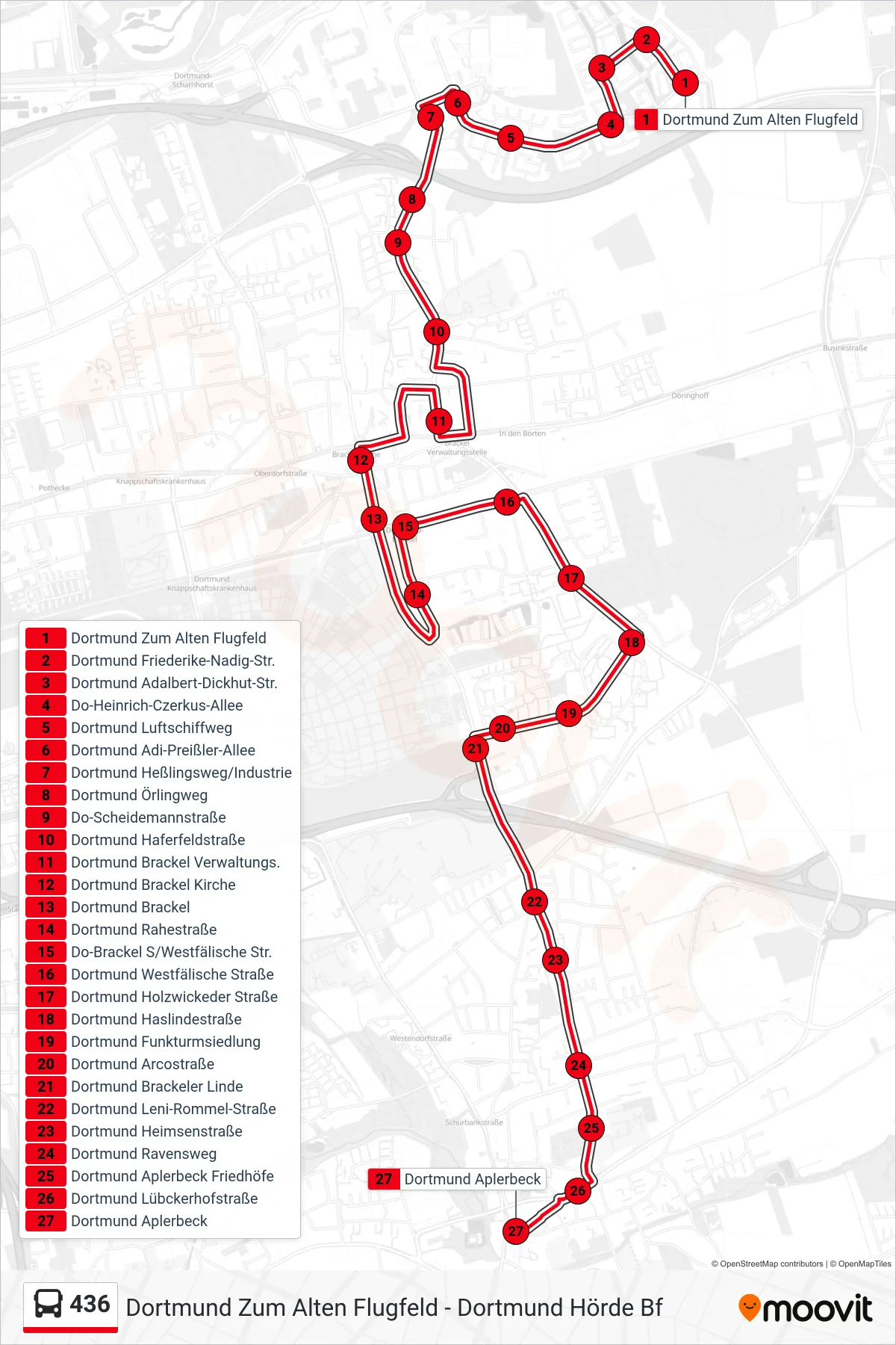 Linie 436 (Bus) Richtung Dortmund Aplerbeck: Route und Haltestellen auf der Karte