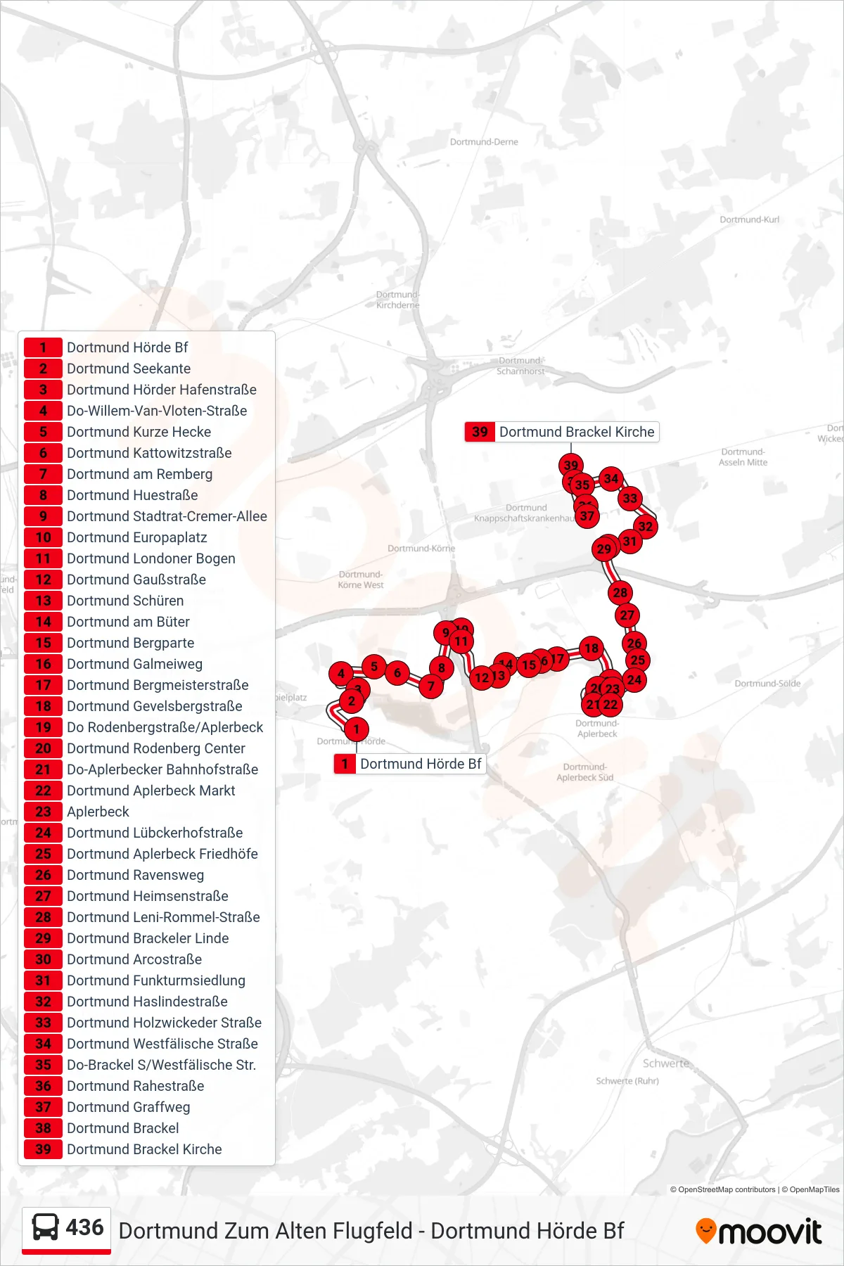 436 bus Line (Dortmund Brackel Kirche) route and stops on a map