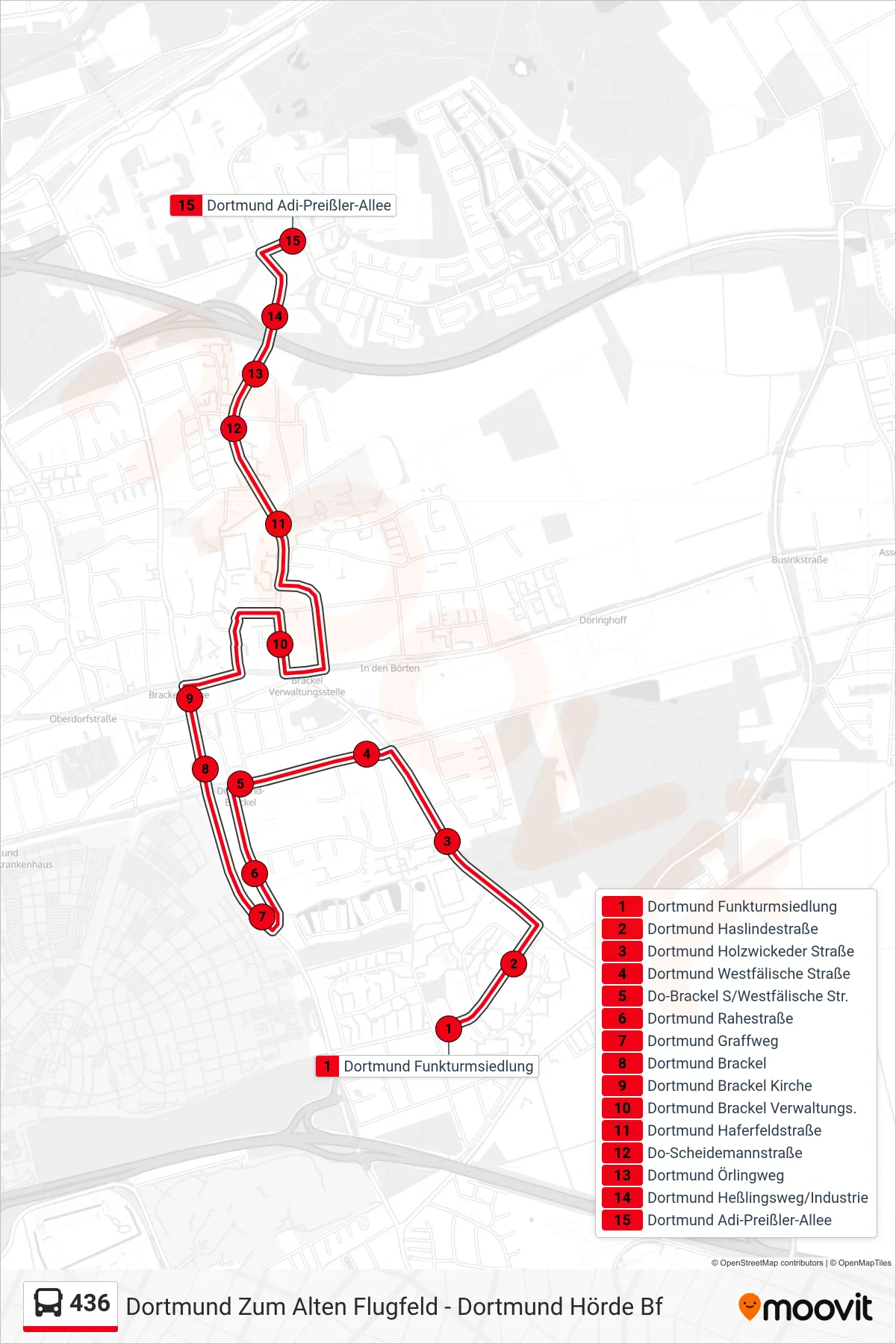 Linie 436 (Bus) Richtung Dortmund Adi-Preißler-Allee: Route und Haltestellen auf der Karte