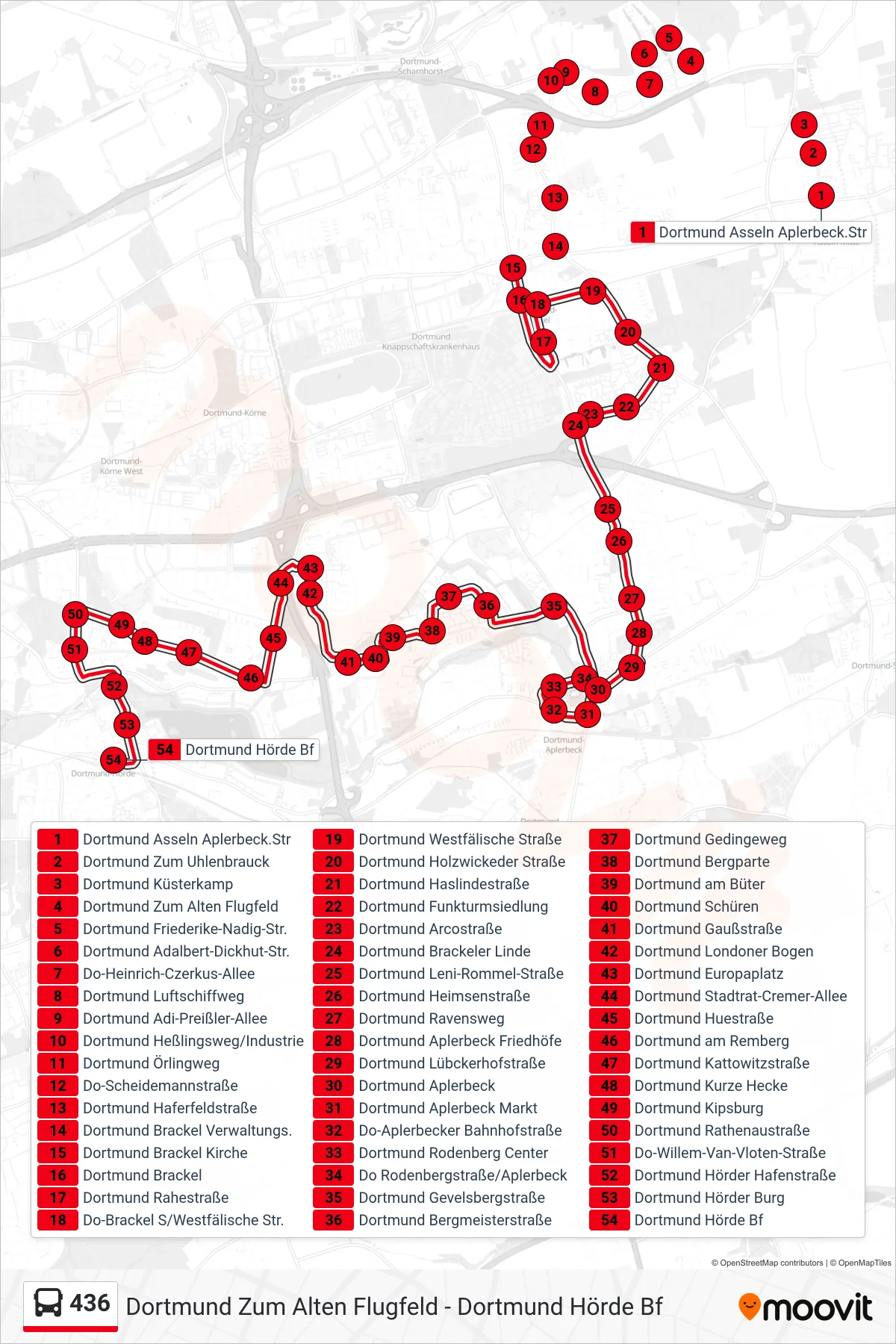 436 bus Line (Dortmund Hörde Bf) route and stops on a map