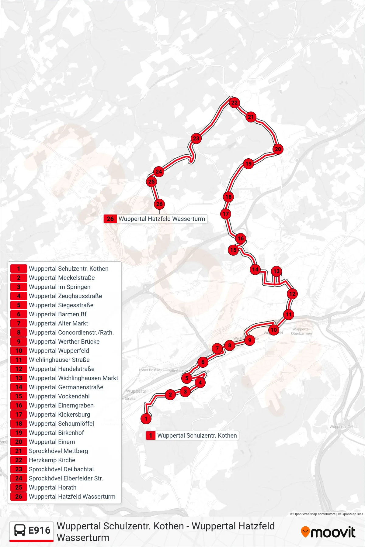 Linie E916 (Bus) Richtung Wuppertal Hatzfeld Wasserturm: Route und Haltestellen auf der Karte