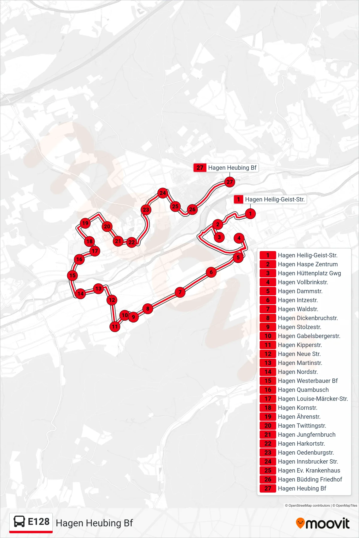 Linie E128 (Bus) Richtung Hagen Heubing Bf: Route und Haltestellen auf der Karte