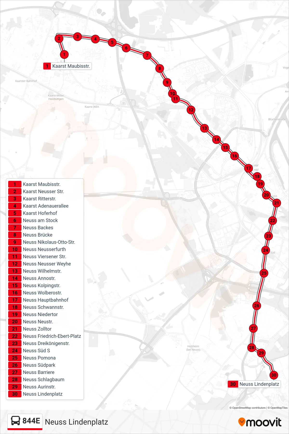 844E bus Line (Neuss Lindenplatz) route and stops on a map