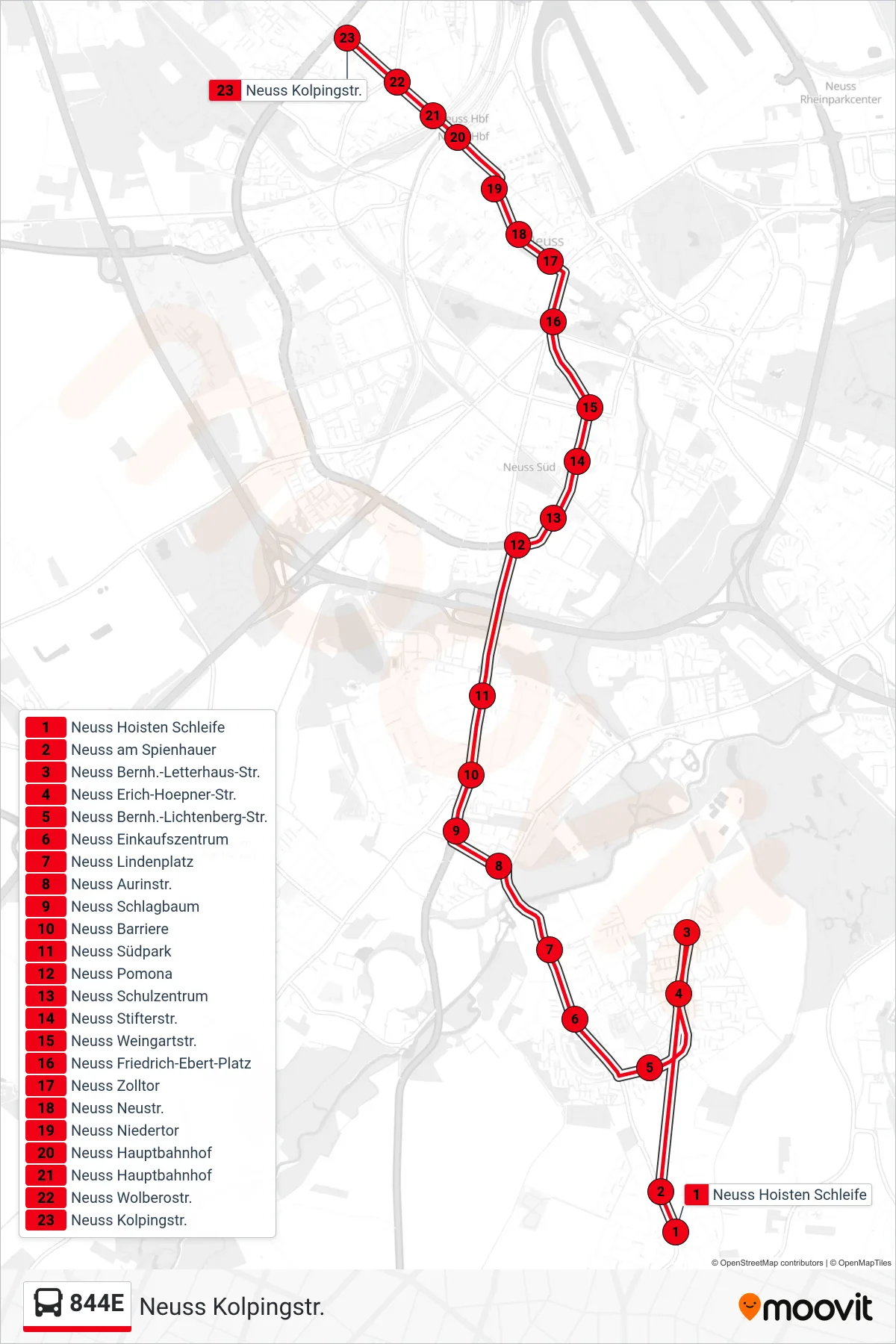 Linie 844E (Bus) Richtung Neuss Kolpingstr.: Route und Haltestellen auf der Karte