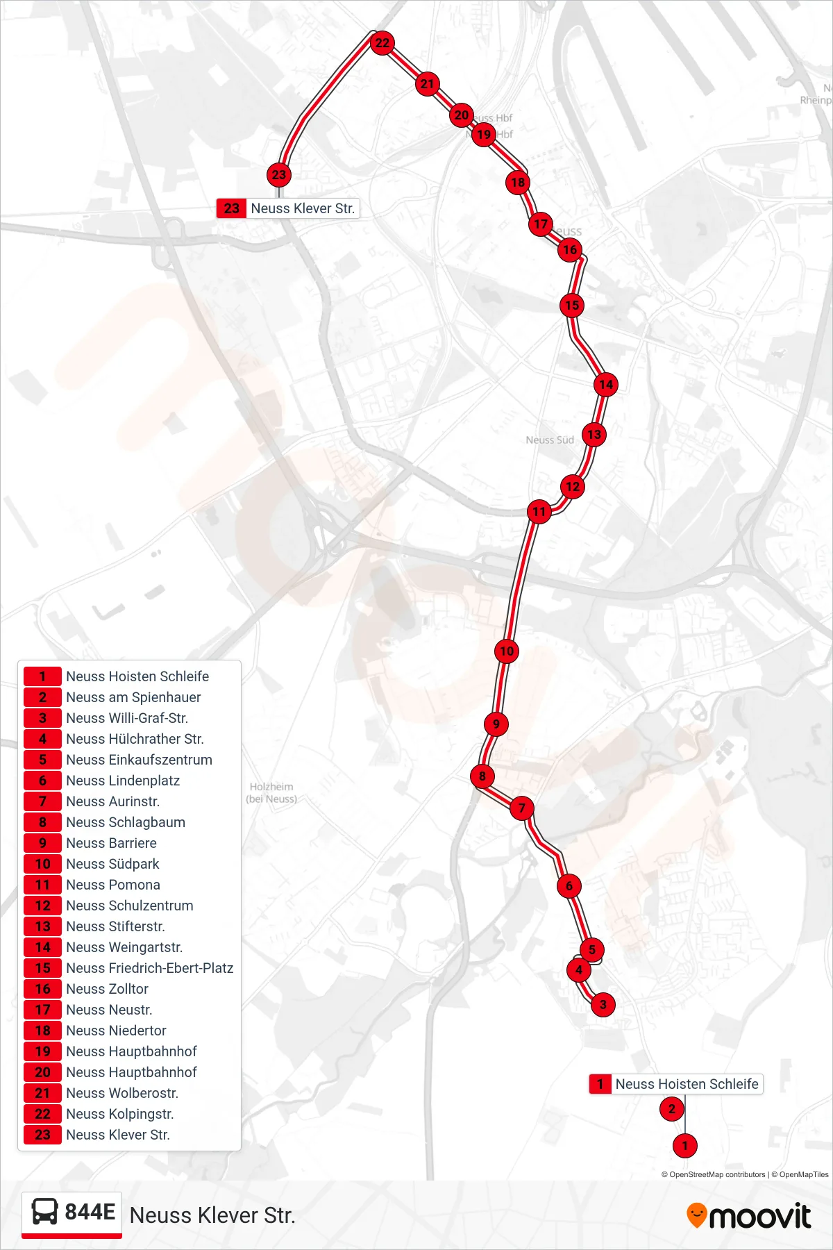Linie 844E (Bus) Richtung Neuss Klever Str.: Route und Haltestellen auf der Karte