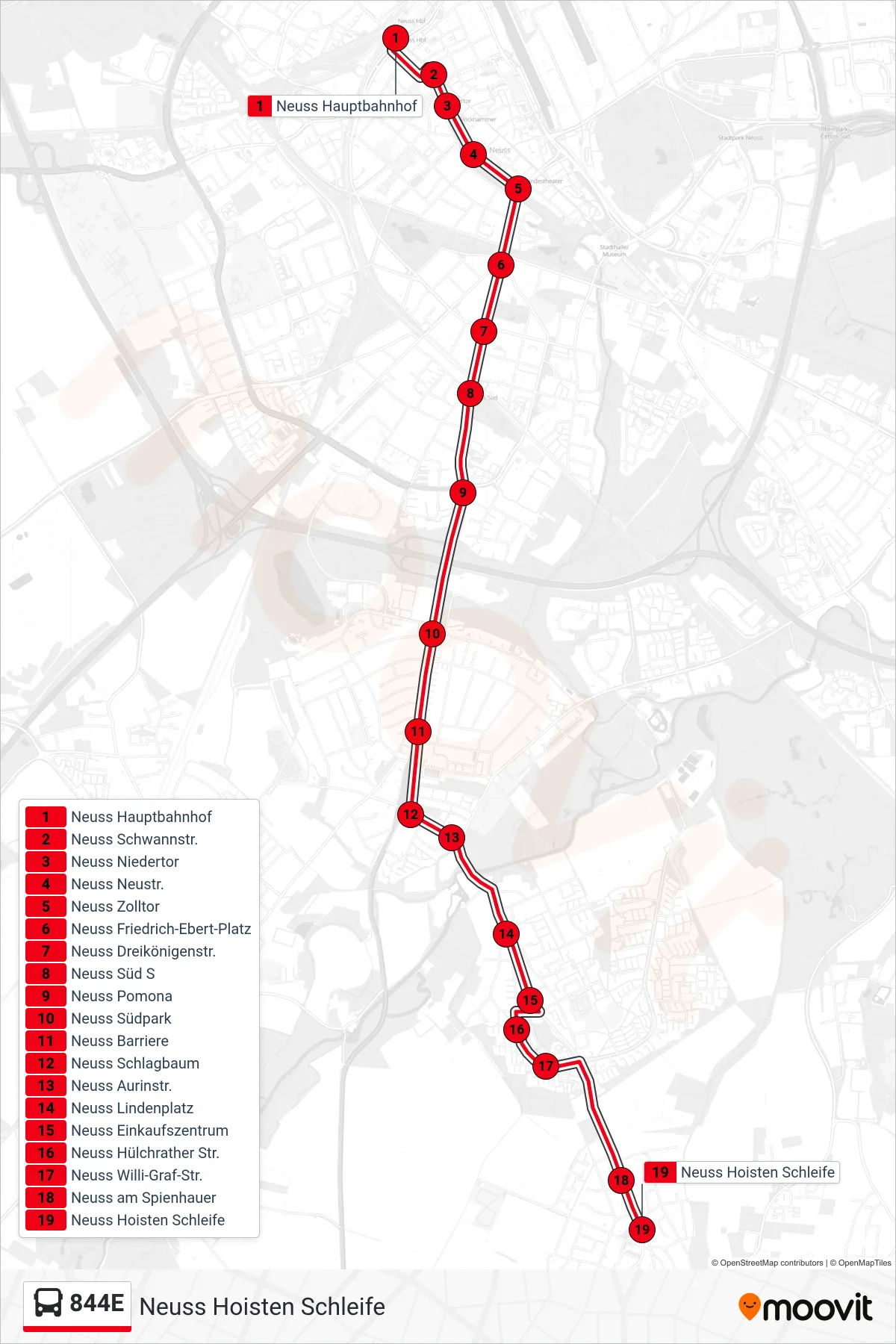 Linie 844E (Bus) Richtung Neuss Hoisten Schleife: Route und Haltestellen auf der Karte