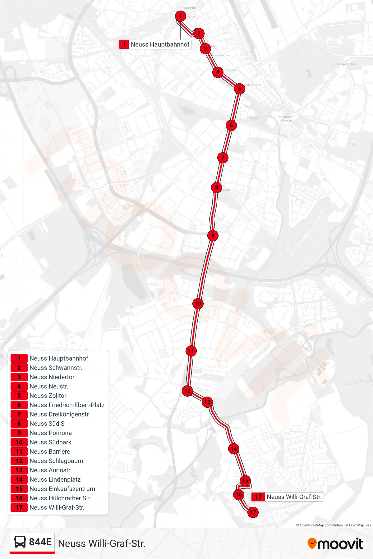 Linie 844E (Bus) Richtung Neuss Willi-Graf-Str.: Route und Haltestellen auf der Karte