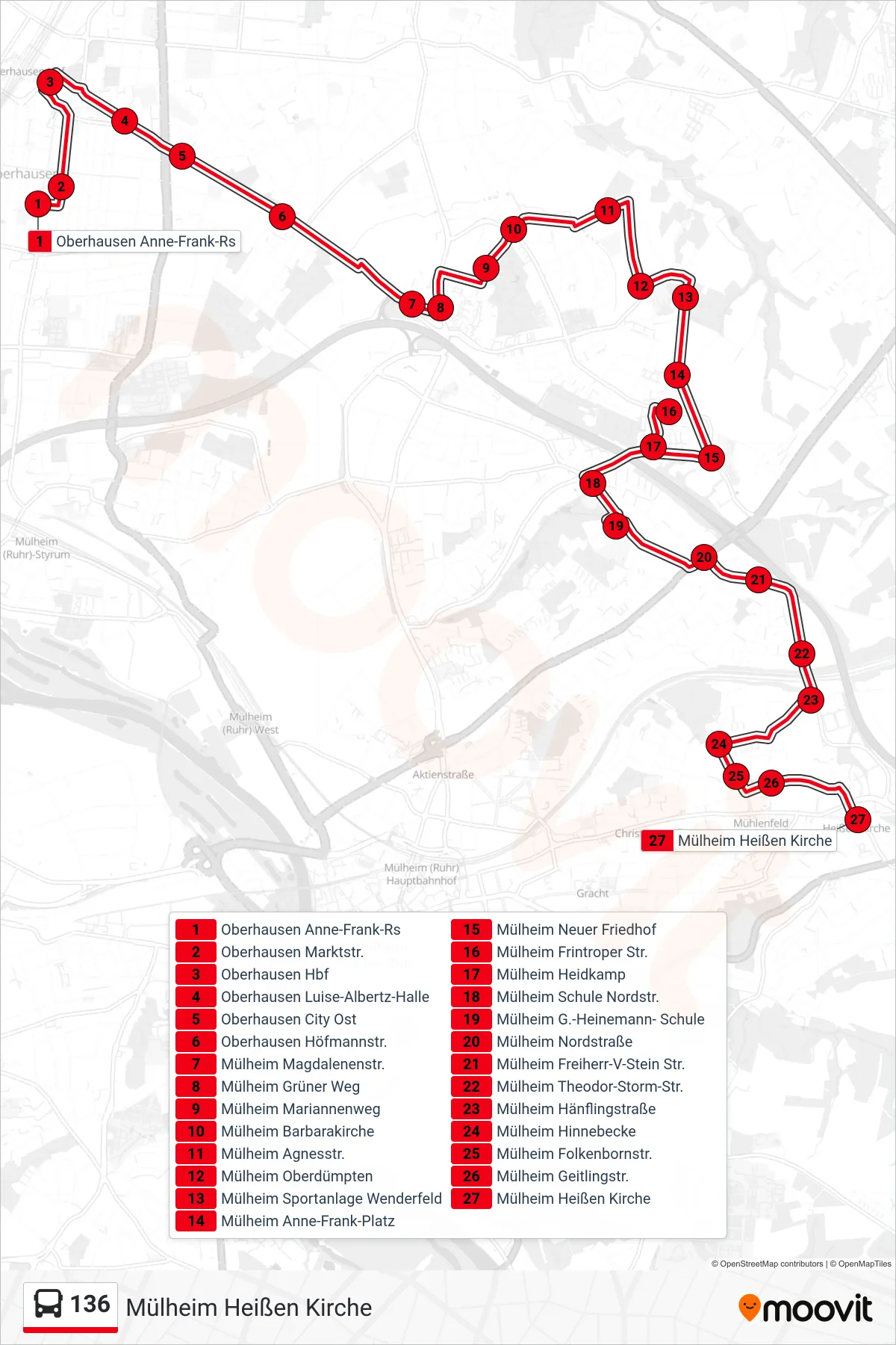 Linie 136 (Bus) Richtung Mülheim Heißen Kirche: Route und Haltestellen auf der Karte