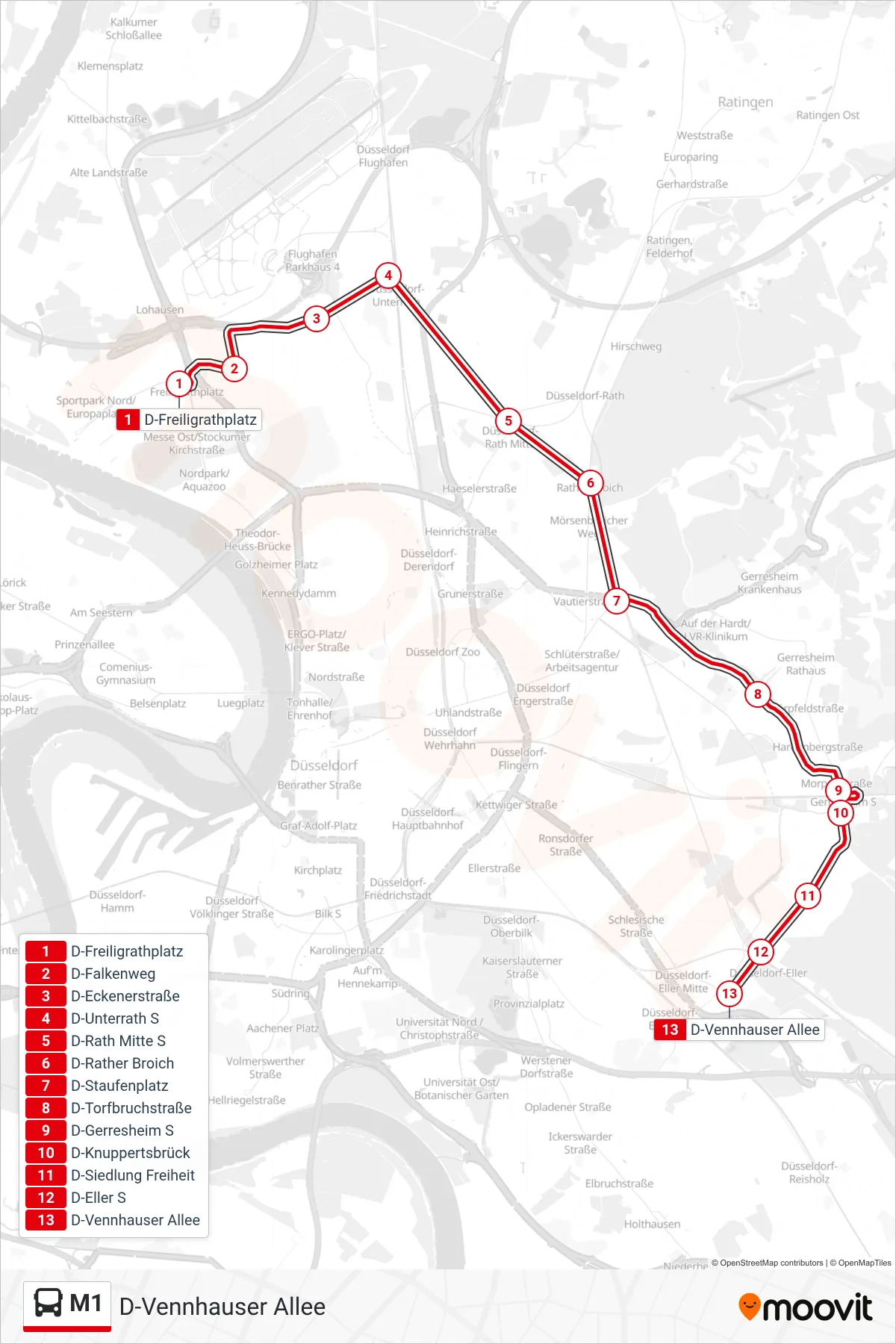 Linie M1 (Bus) Richtung D-Vennhauser Allee: Route und Haltestellen auf der Karte