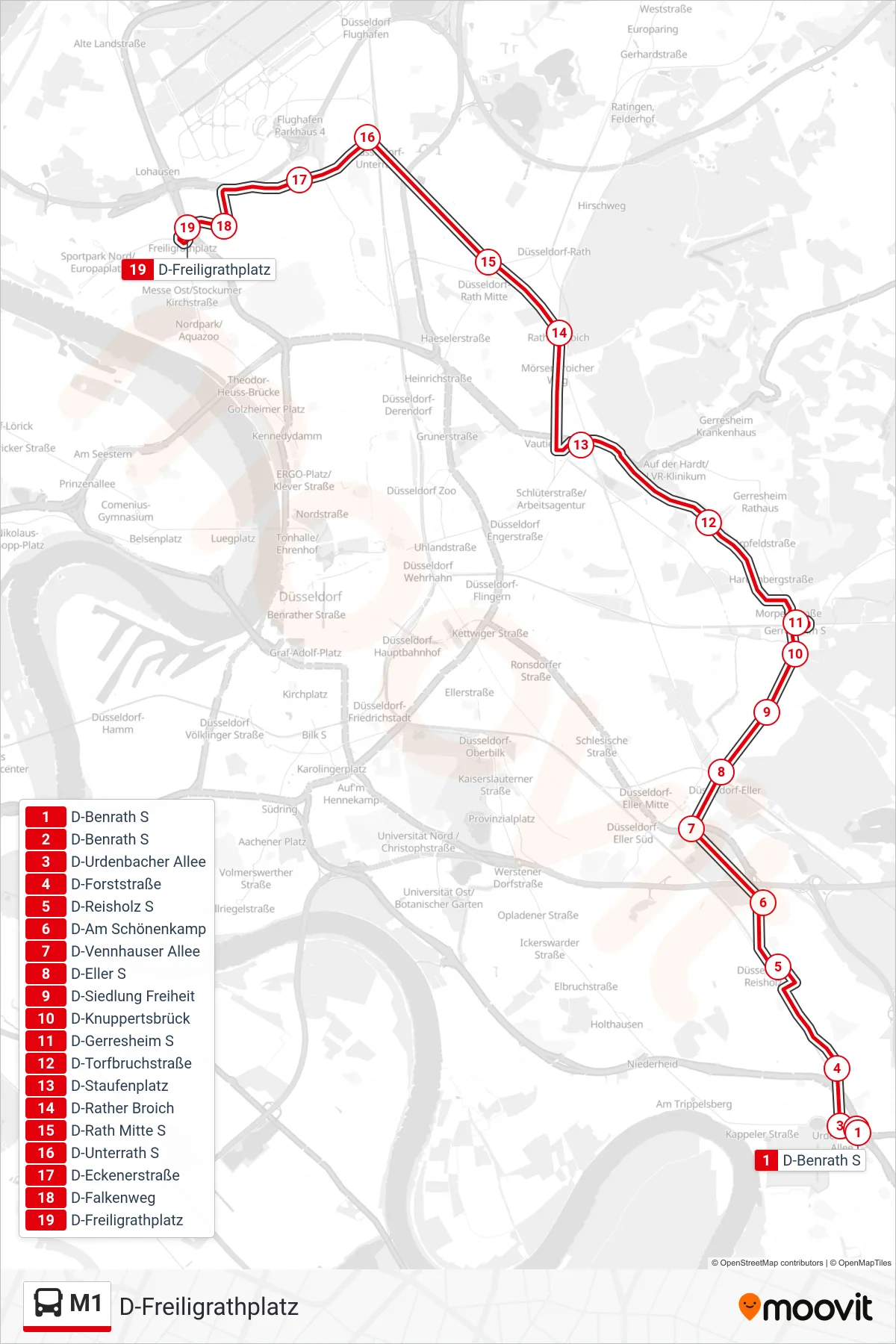 Linie M1 (Bus) Richtung D-Freiligrathplatz: Route und Haltestellen auf der Karte
